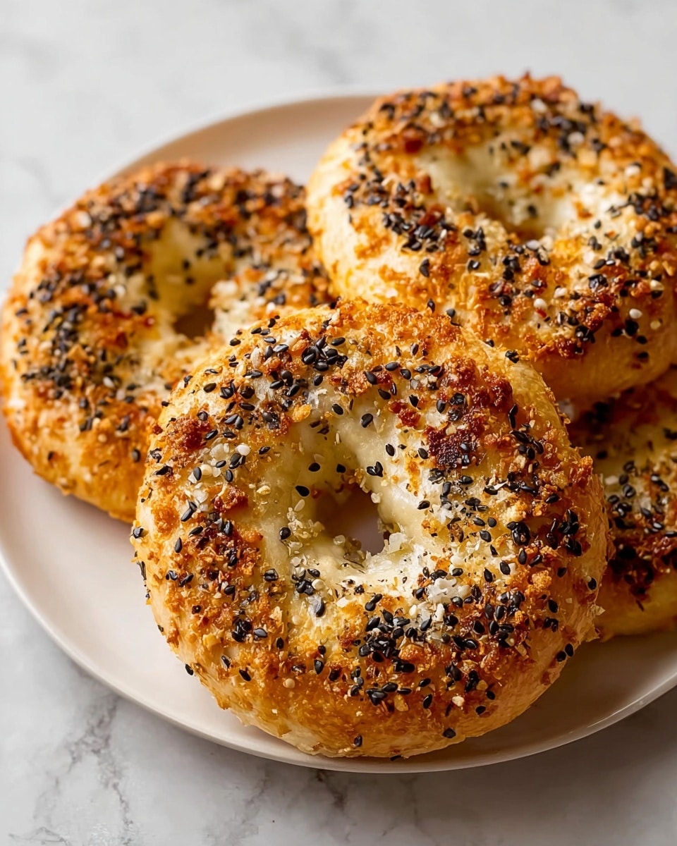 The image shows three bagels arranged closely on a white plate, all topped with a mix of black and white sesame seeds along with small bits of seasoning. Each bagel has a golden-brown crust with a slightly crisp and textured surface, and the center hole is clearly visible. The overall color is a warm mix of light golden and tan hues, with a toasted finish that highlights the seasoning spread evenly across the top. The plate sits on a white marbled surface, giving it a clean, bright setting. photo taken with an iphone --ar 4:5 --v 7