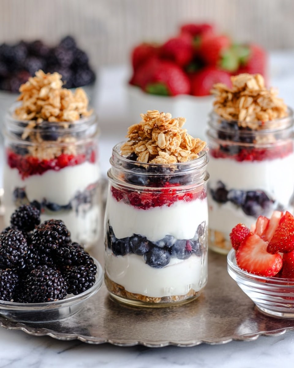 The image shows clear glass jars filled with three layers: the bottom layer is white yogurt, followed by a middle layer of mixed berries including blueberries and raspberries, and topped with more white yogurt. The topmost layer is golden brown granola with a small cluster sitting on top. The jars are arranged on a round metallic tray with a scalloped edge, placed on a white marbled surface. Surrounding the jars are clear bowls filled with fresh blackberries and sliced strawberries, adding bright colors of deep black and red around the jars. Photo taken with an iphone --ar 4:5 --v 7