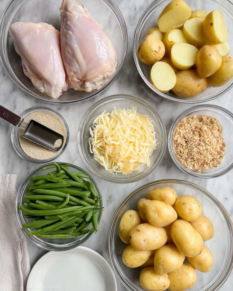 The image shows six clear glass bowls arranged on a white marbled surface. The largest bowl at the bottom left holds two large raw pieces of light pink chicken. To the right, another large bowl is filled with halved small yellow potatoes showing their smooth, light yellow interiors. Above the chicken, a bowl contains fresh, crisp green beans stacked neatly. At the center, a smaller bowl sits with finely shredded pale yellow cheese. To the right of the cheese, another bowl holds light brown crumbly breadcrumbs. The top left bowl contains a dry spice mix with a small dark-handled metal scoop resting inside. In the bottom right corner, a white dish with a folded cloth is partly visible. The whole arrangement is neat and colorful, with clean and fresh ingredients. photo taken with an iphone --ar 4:5 --v 7