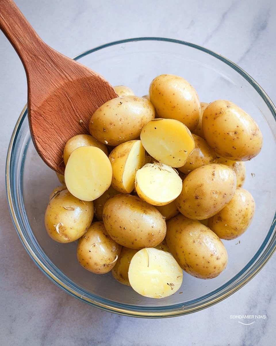 A clear glass bowl filled with about fifteen baby yellow potatoes, some whole and some cut in half showing a smooth, pale yellow inside. The potatoes have a shiny, slightly wet texture with small black pepper specks on their skin. A wooden spoon with a warm brown color scoops into the bowl from the left side, partially covered by the potatoes. The bowl is placed on a white marbled texture background. photo taken with an iphone --ar 4:5 --v 7