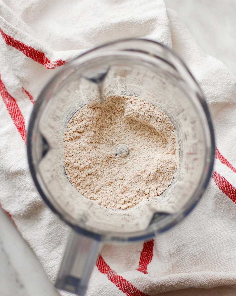 A clear blender container holds a light beige powder with a fine, slightly grainy texture, filling the bottom layer. The blender sits on a soft white cloth with red stripes, all placed on a white marbled surface. The image shows a top-down view highlighting the powder's even spread inside the blender container. Photo taken with an iphone --ar 4:5 --v 7