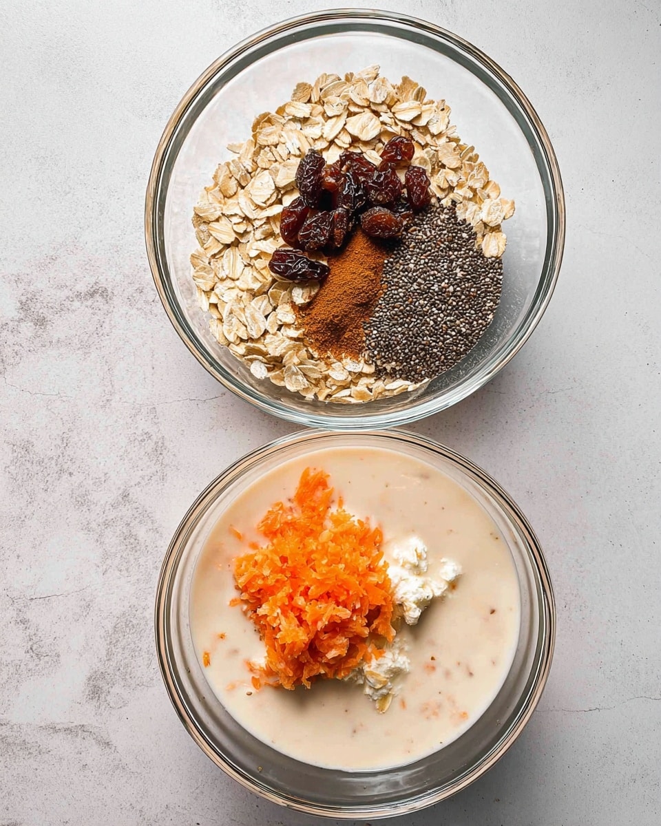 Two clear glass bowls sit on a white marbled texture surface. The top bowl holds several layers: at the bottom, flat light brown oats, topped on the left with a small pile of dark reddish-brown raisins, to the right a large patch of small black chia seeds, and above the oats near the chia seeds, a dusting of two spices - one darker brown and one cinnamon brown. The bottom bowl contains a pale beige liquid with visible tiny black specks throughout, topped with a bright orange pile of grated carrot and a small mound of soft white cottage cheese or similar dairy. Photo taken with an iphone --ar 4:5 --v 7
