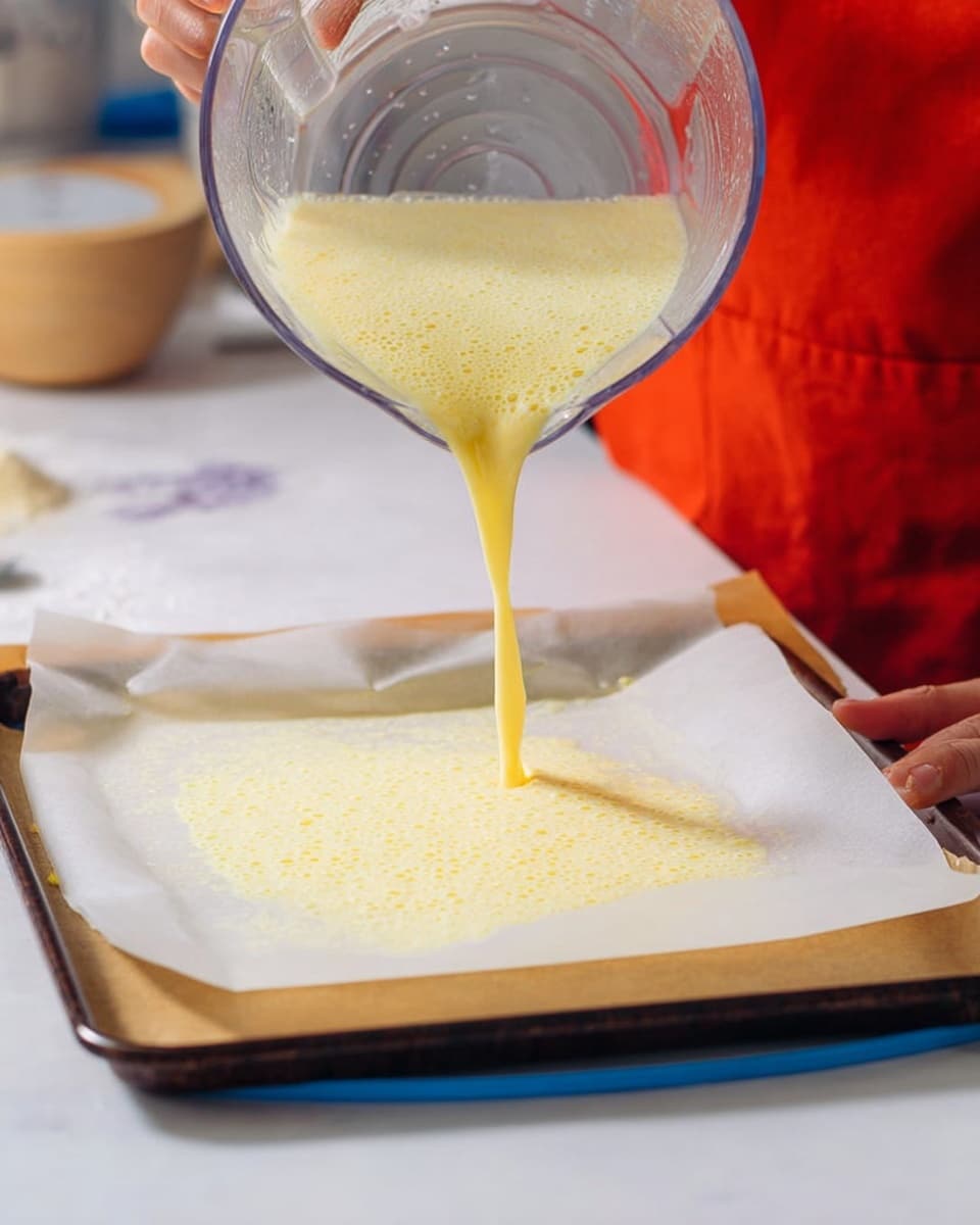 A close-up view shows a light yellow batter with bubbles being poured from a clear blender container onto a white baking sheet lined with white parchment paper. The baking sheet has a slightly worn brown edge with a blue base, resting on a white marbled surface. A person wearing an orange-red apron is partially visible on the right side, steadying the baking sheet with a visible woman's hand. In the background are kitchen items softly out of focus. The scene is bright and clean, showing the start of a baking process. photo taken with an iphone --ar 4:5 --v 7