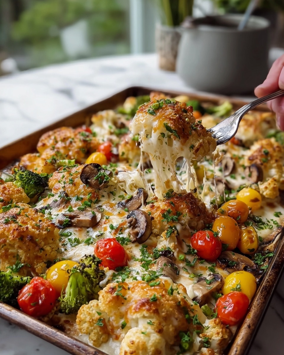 A baking tray filled with a cooked dish showing layers of golden brown cheese melted over white cauliflower pieces and light green broccoli florets, scattered with bright red and yellow cherry tomatoes and pale brown mushroom slices. The cheese is bubbly and slightly crispy on top with chopped green herbs sprinkled over the whole dish. A woman's hand holding a fork lifts a cheesy cauliflower piece that stretches melted cheese. The tray sits on a white marbled texture with a blurred background including a small grey pot close to a window. photo taken with an iphone --ar 4:5 --v 7