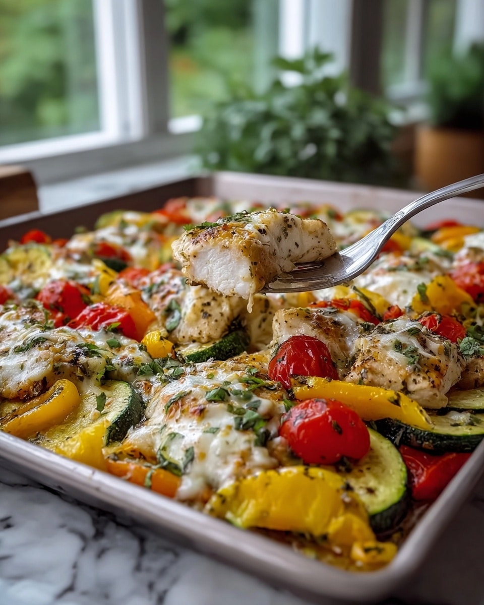 The image shows a large baking tray filled with a colorful baked dish. The dish has three main layers: a base of cooked vegetables including yellow and red bell peppers, cherry tomatoes, and slices of zucchini, with green herbs sprinkled on top. On top of the vegetables, there are pieces of white cooked chicken with a light brown grilled texture. The top layer is melted white cheese, lightly browned in spots, covering parts of the chicken and vegetables. A silver fork is lifting one piece of chicken, showing its inside which is white and tender. The tray sits on a white marbled surface with a blurred background of a window and a green plant. Photo taken with an iphone --ar 4:5 --v 7