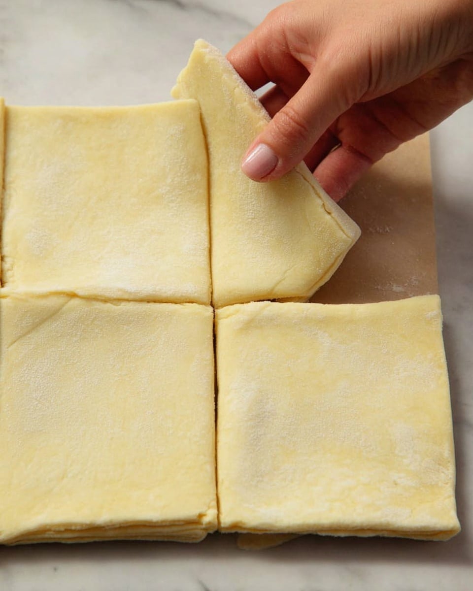 A close-up view of a woman's hand lifting one square of pale yellow dough from a group of four squares laid out flat on a white marbled surface. The dough squares are thin and smooth with slightly raised edges, showing a soft texture. Three dough squares lie flat side by side on the surface, with the woman's hand gently holding the top left square by its top right corner, slightly lifting it up and away from the others. Photo taken with an iphone --ar 4:5 --v 7