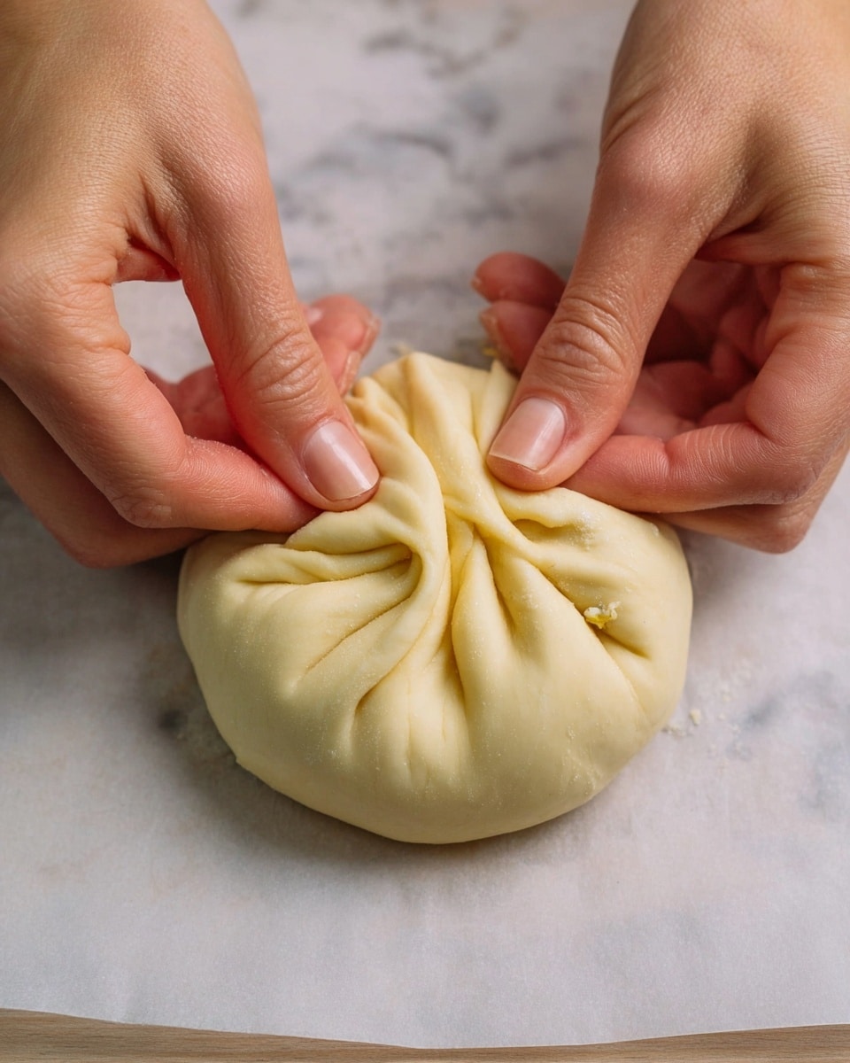 The image shows a close-up of a woman's hands folding a round dough filled with stuffing. The dough is pale yellow with a smooth texture and is gathered tightly at the top in small folds, creating a pinched and layered look. The background is a white marbled surface, and the dough rests on a piece of parchment paper below. The shape is slightly puffed and round, with the woman's fingers gently pressing the dough edges together at the center. photo taken with an iphone --ar 4:5 --v 7