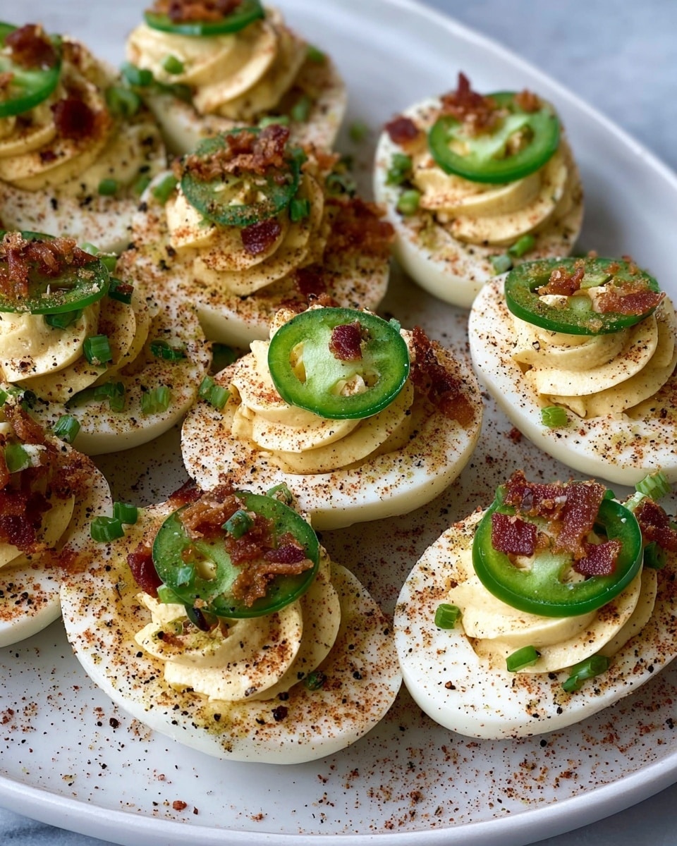 The image shows several deviled eggs arranged closely on a white plate with a white marbled texture background. Each deviled egg has three layers: the bottom layer is a smooth, pale yellow egg white half sprinkled heavily with black pepper and some reddish seasoning along the edges, the middle layer is a creamy, light yellow filling piped in a swirl shape, and the top layer consists of small green chive pieces, crispy brown bacon bits, and a fresh bright green curved slice of jalapeño pepper placed on top. Photo taken with an iphone --ar 4:5 --v 7