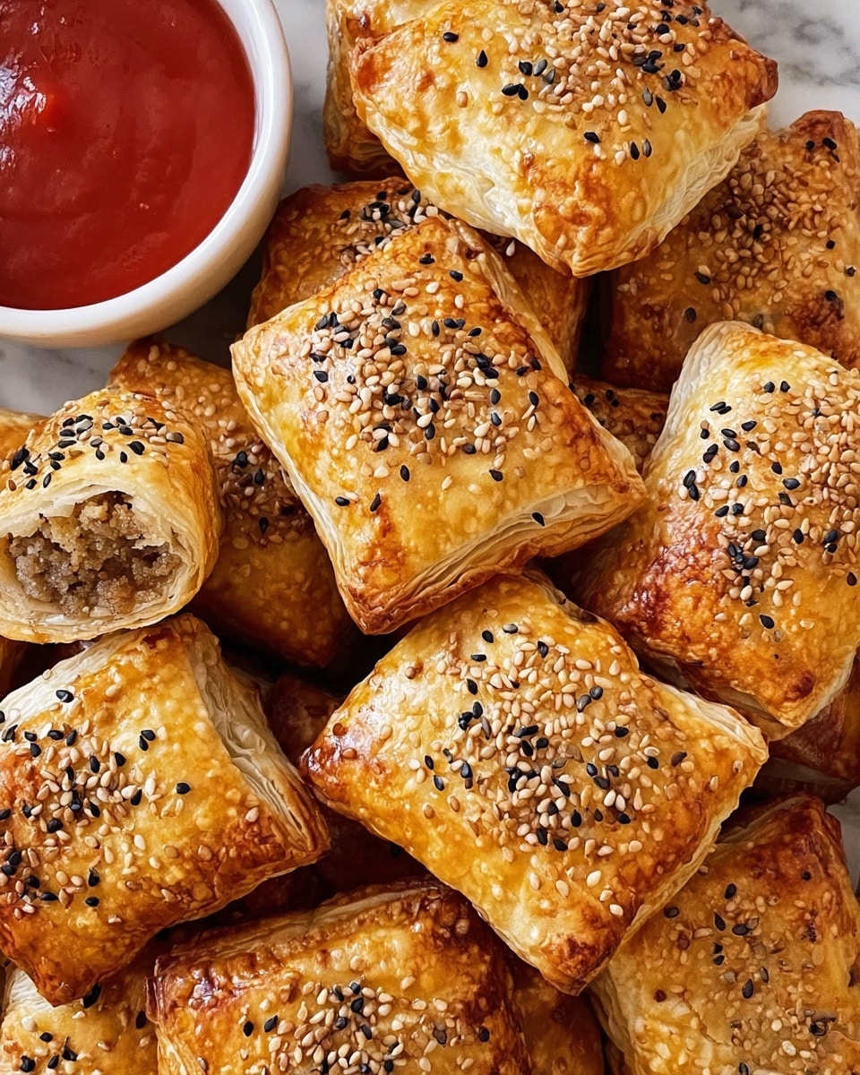 A pile of small, golden-brown square pastries with a flaky texture, each topped with a mix of black and white sesame seeds and small fennel seeds. Some pastries are whole while others are slightly opened, showing a light brown, finely ground filling inside. The pastries are placed close together on a white marbled surface near a white bowl filled with red dipping sauce. photo taken with an iphone --ar 4:5 --v 7