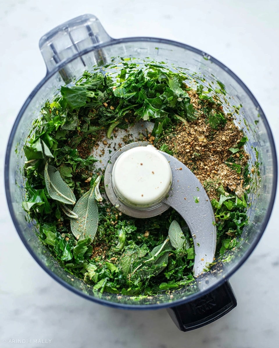 Inside a clear food processor bowl, there are fresh green herbs and dried spices scattered around the curved silver blade. The herbs are leafy, bright green, and some look like parsley and sage, resting on the smooth surface of the bowl. The dried spices are light brown and small, spread evenly around the herbs and stuck to the sides. The bowl is placed on a white marbled surface. Photo taken with an iphone --ar 4:5 --v 7