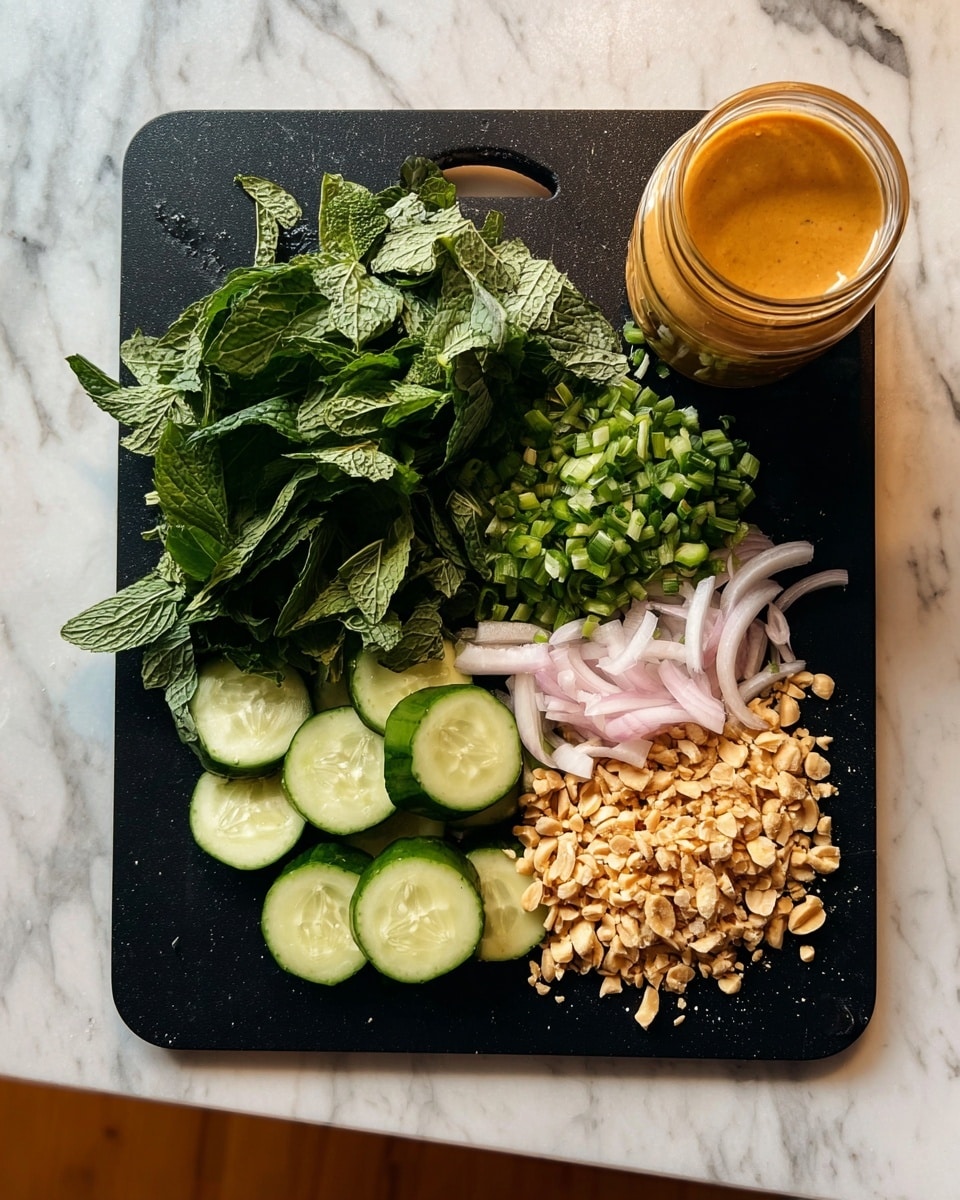 A black cutting board with six visible ingredients arranged side by side: dark green fresh mint leaves on the far left, chopped light to medium green herbs next to it, followed by thinly sliced pale pink shallots, a jar of thick orange peanut sauce at the right edge, next to light green, thin sliced cucumber, and a pile of crushed light brown peanuts. The cutting board is placed on a white marbled surface, photo taken with an iphone --ar 4:5 --v 7
