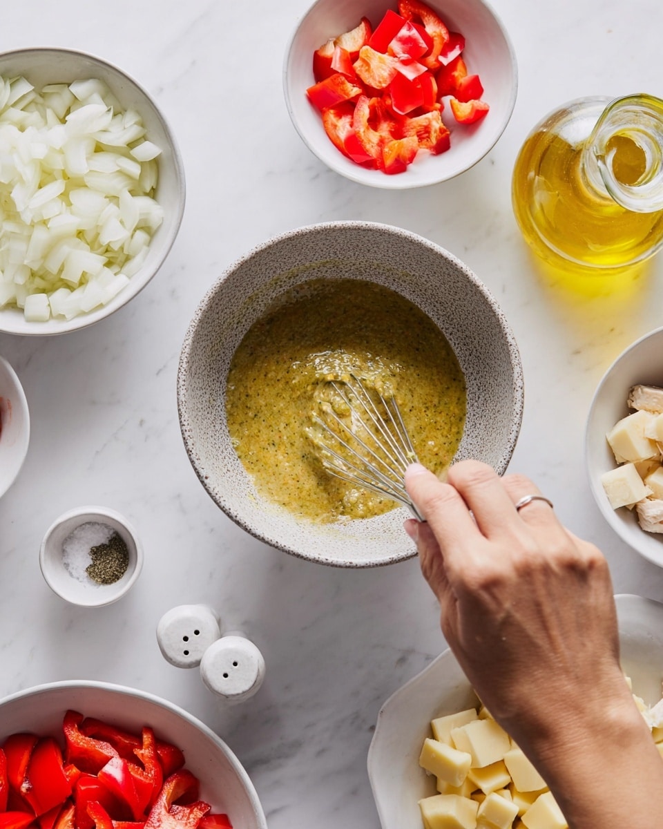 A woman's hand is whisking a thick greenish-yellow sauce inside a light gray bowl with a rough texture, placed on a white marbled surface. Surrounding the bowl are multiple small white bowls holding chopped onions (white pieces), cubed chicken (off-white pieces), cubed yellow cheese, red cherry tomato halves, and diced red bell pepper. There is also a clear glass bottle with yellow oil and two small white salt and pepper shakers nearby. The overall scene is bright and clean with a top-down view. photo taken with an iphone --ar 4:5 --v 7