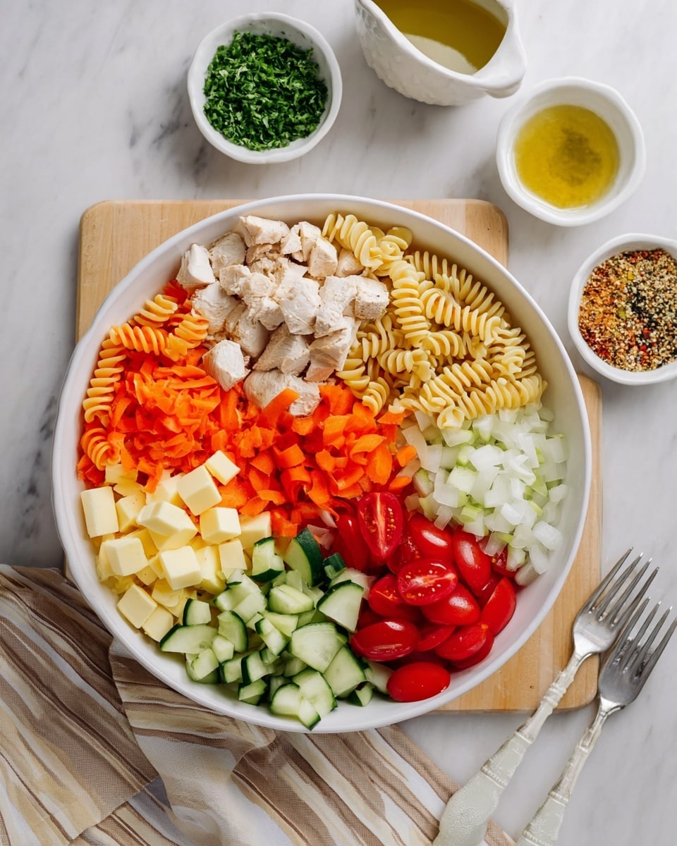 The image shows a white bowl filled with colorful, separate layers of food arranged in sections. Starting from the left, there are light tan spiral pasta pieces, followed by light beige cooked chicken pieces. Next to the chicken are small red bell pepper cubes, then a bright orange pile of shredded carrots. To the right of the carrots, there are cucumber slices with dark green skin and light green inside. Below the cucumbers and carrots, glossy red grape tomatoes are cut in half. In front of the tomatoes are pale yellow cubes of cheese, and next to the cheese are finely chopped white onions. Outside the bowl on a white marbled surface, there is a small white bowl with finely chopped green herbs on the upper left, and two small white dishes, one with a yellowish oily dressing and another with mixed spices on the upper right. There are white utensils on the left side and a beige and white striped cloth with two forks placed on the lower right. photo taken with an iphone --ar 4:5 --v 7