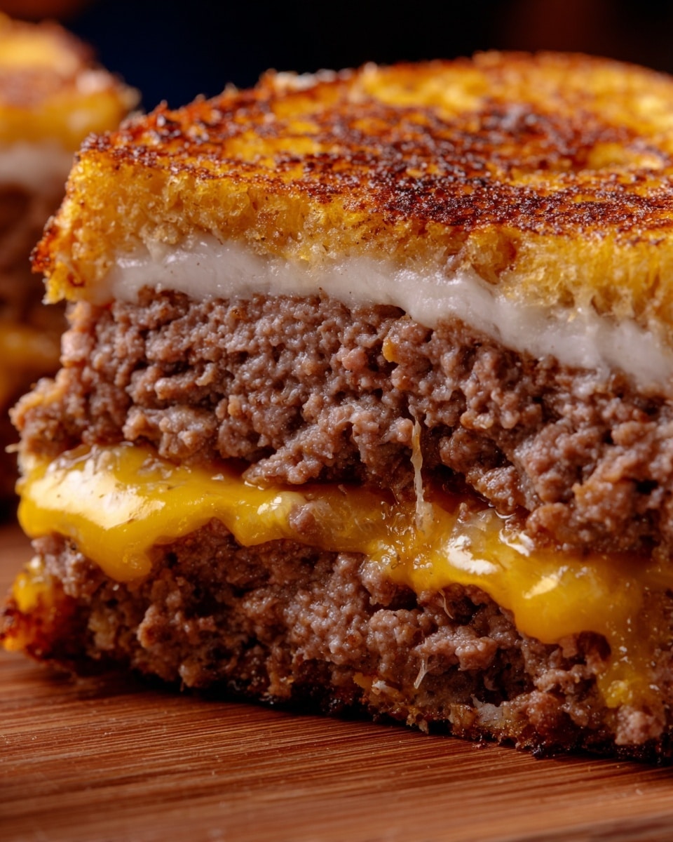A close-up of a sandwich cut to show three layers: the top layer is a crispy, golden-brown toasted bread with rough texture and small holes; beneath it is a thin layer of melted white cheese; the middle layer is thick, crumbly brown ground meat; below that is a thin layer of melted yellow cheese oozing slightly onto the bottom layer; the bottom layer is another piece of toasted bread, darker brown and crispy. The sandwich sits on a wooden surface that contrasts with the food. photo taken with an iphone --ar 4:5 --v 7