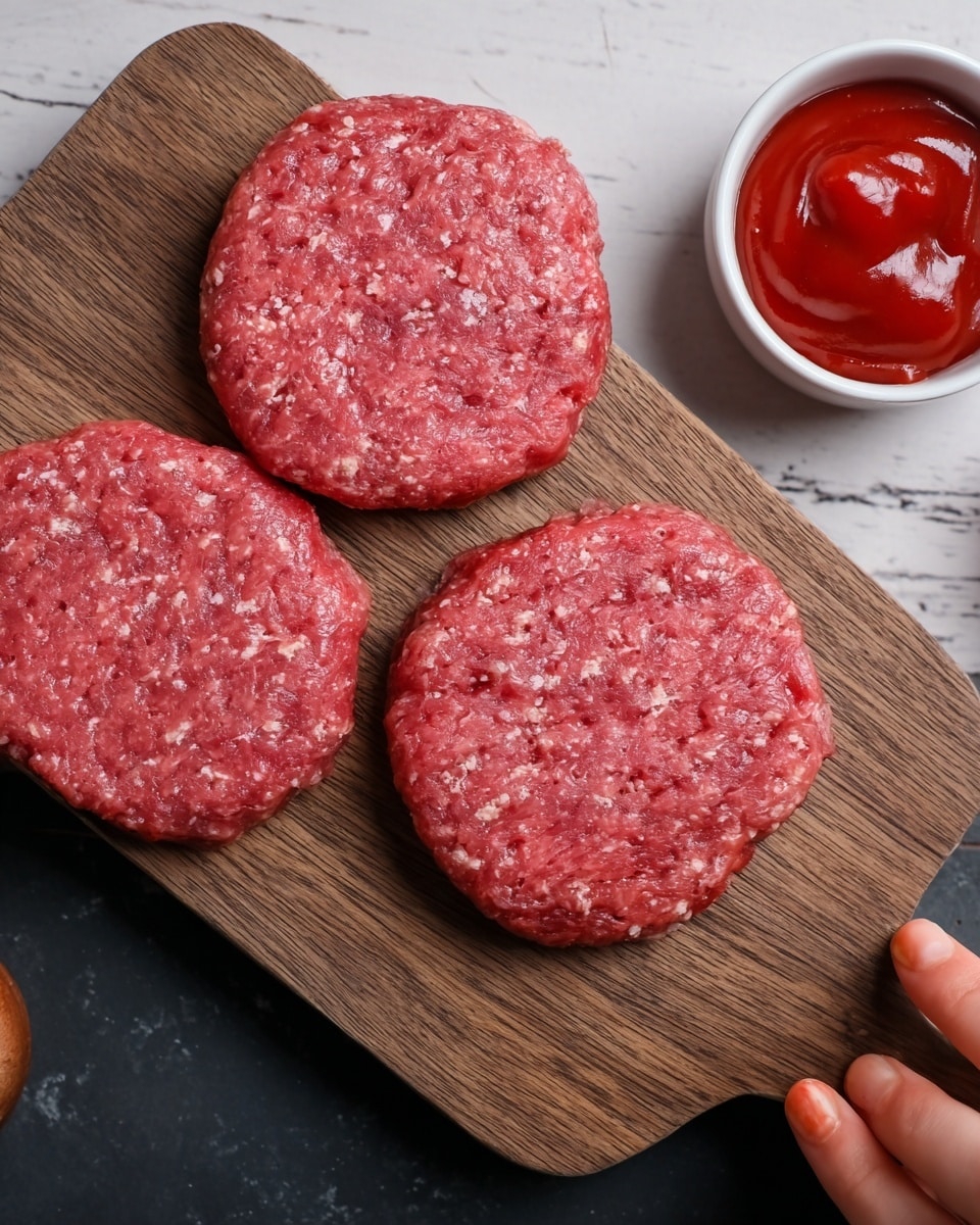 Three raw, pink ground beef patties with white fat bits mixed in are placed side by side on a rectangular wooden board. To the top right, there is a small white bowl filled with smooth, red ketchup. A woman's hand is holding a round brown object at the edge of the frame on the right side. The background has a white marbled texture. photo taken with an iphone --ar 4:5 --v 7
