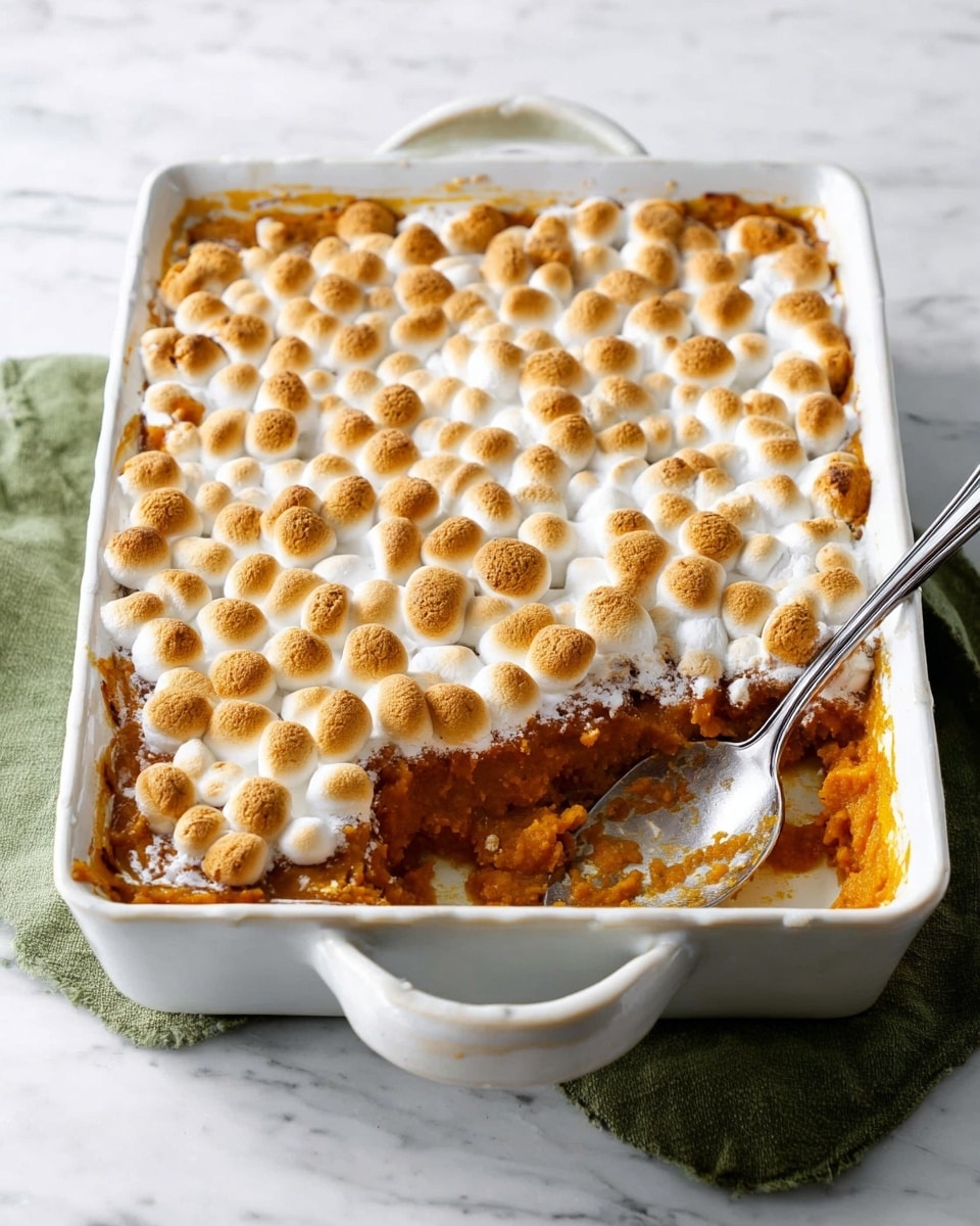 The image shows a white rectangular baking dish with two handles, filled with a baked dish that has three visible layers. The top layer is golden brown and made up of small, round toasted marshmallows, creating a bubbly and soft texture. Below the marshmallows is a slightly darker, smooth layer with a caramelized edge, and the bottom layer is a dense, bright orange sweet potato or pumpkin filling. A silver spoon rests inside the dish with some of the dessert scooped out near one corner, showing the layers clearly. The dish is placed on a white marbled surface with a green cloth nearby. Photo taken with an iphone --ar 4:5 --v 7