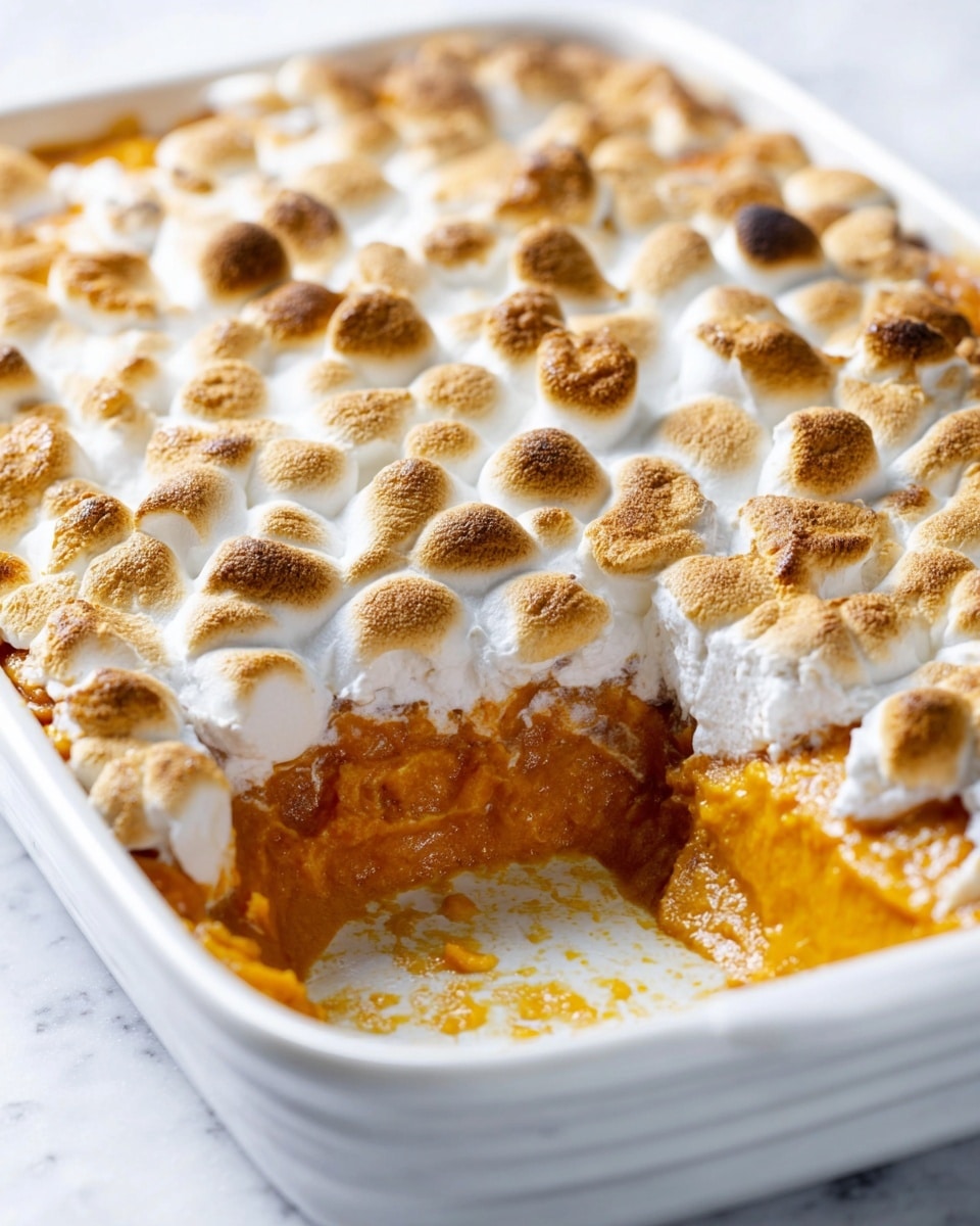 A white baking dish holds a two-layer dessert with a scoop taken out in the front right corner. The bottom layer is thick and smooth with a bright orange color and soft texture. The top layer is made of small toasted marshmallows, golden brown with melted parts showing white and light beige colors, creating a bumpy, bubbly surface. The dish is placed on a white marbled texture surface, and the lighting is soft and even, showing the dessert's creamy and toasted details clearly. photo taken with an iphone --ar 4:5 --v 7