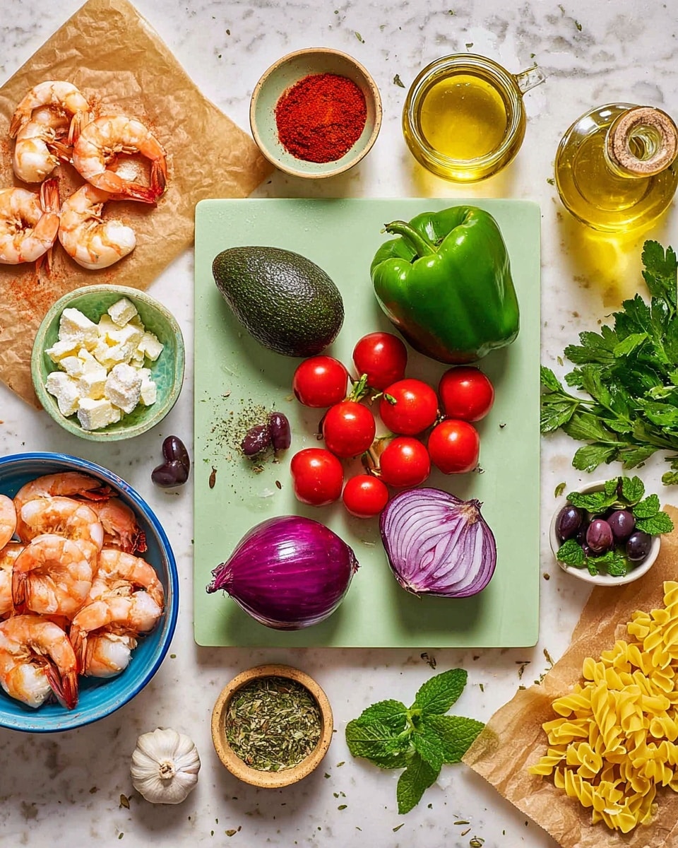 A flat lay of fresh food ingredients arranged on a white marbled surface, centered around a light green rectangular cutting board. On the board, there are two whole dark green avocados on the left, a bright green bell pepper in the middle, and a cluster of red cherry tomatoes both loose and in a white bowl with a blue interior at the bottom left. Below the peppers and tomatoes, a large red onion with a shiny surface sits on the right. Surrounding the board, there are small bowls filled with bright red paprika, dried green herbs, white cheese, and dark purple olives. Additional elements include a small bottle of golden olive oil near the top right, a jar with yellow elbow pasta on the right with some pasta spilled out, a single garlic clove beneath the board, a few fresh green mint leaves on the left, sprigs of bright green parsley on the right, and several cooked shrimp with orange and white coloring placed on brown parchment paper in the top left corner. photo taken with an iphone --ar 4:5 --v 7
