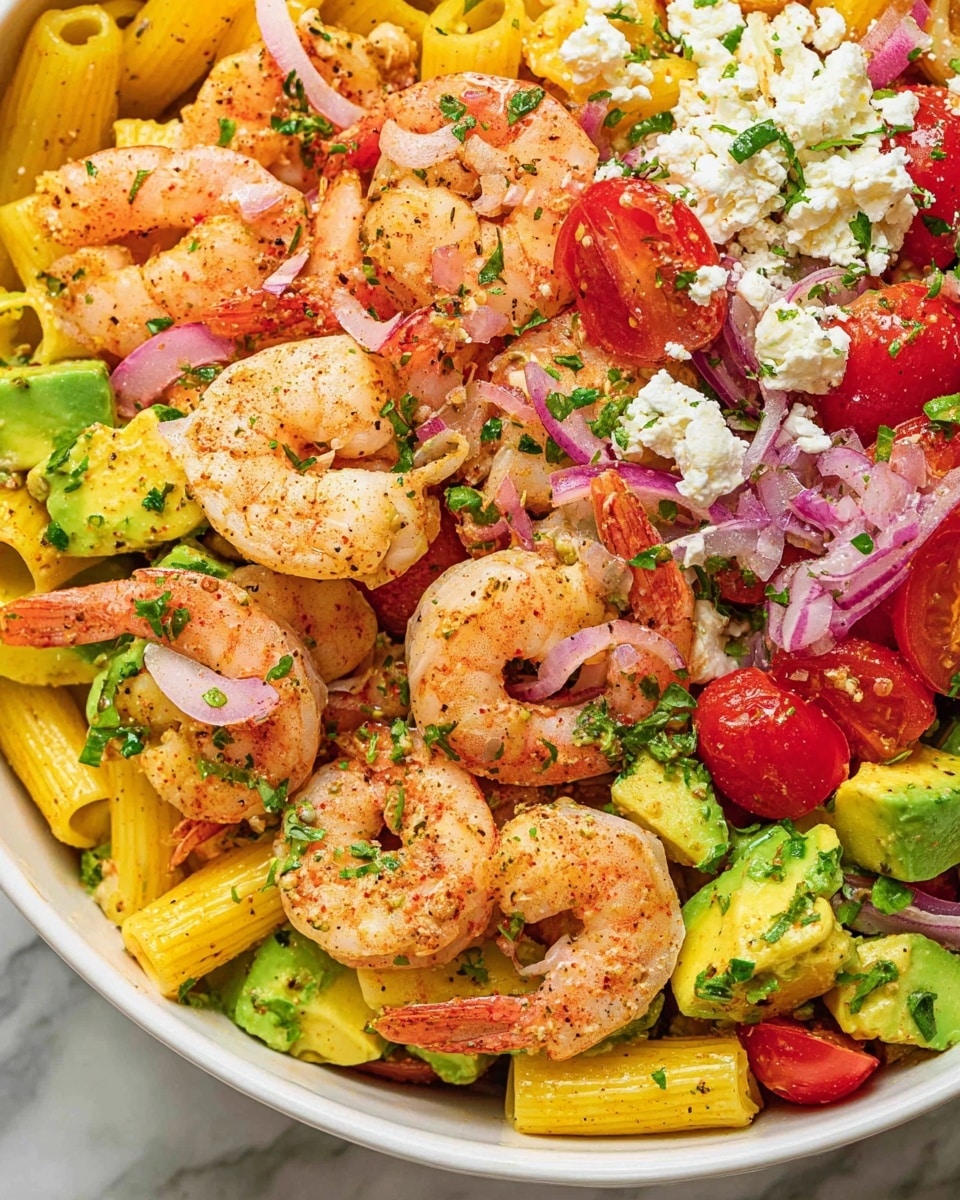 A close-up view of a pasta salad in a white bowl, showing three layers: the base layer has yellow rigatoni pasta mixed with chopped green avocado chunks and bright red cherry tomato halves; the middle layer includes large pink shrimp with a light sprinkle of seasoning and some small pieces of red onion; the top layer is scattered with white crumbled feta cheese and chopped green herbs all over, set on a white marbled surface. photo taken with an iphone --ar 4:5 --v 7