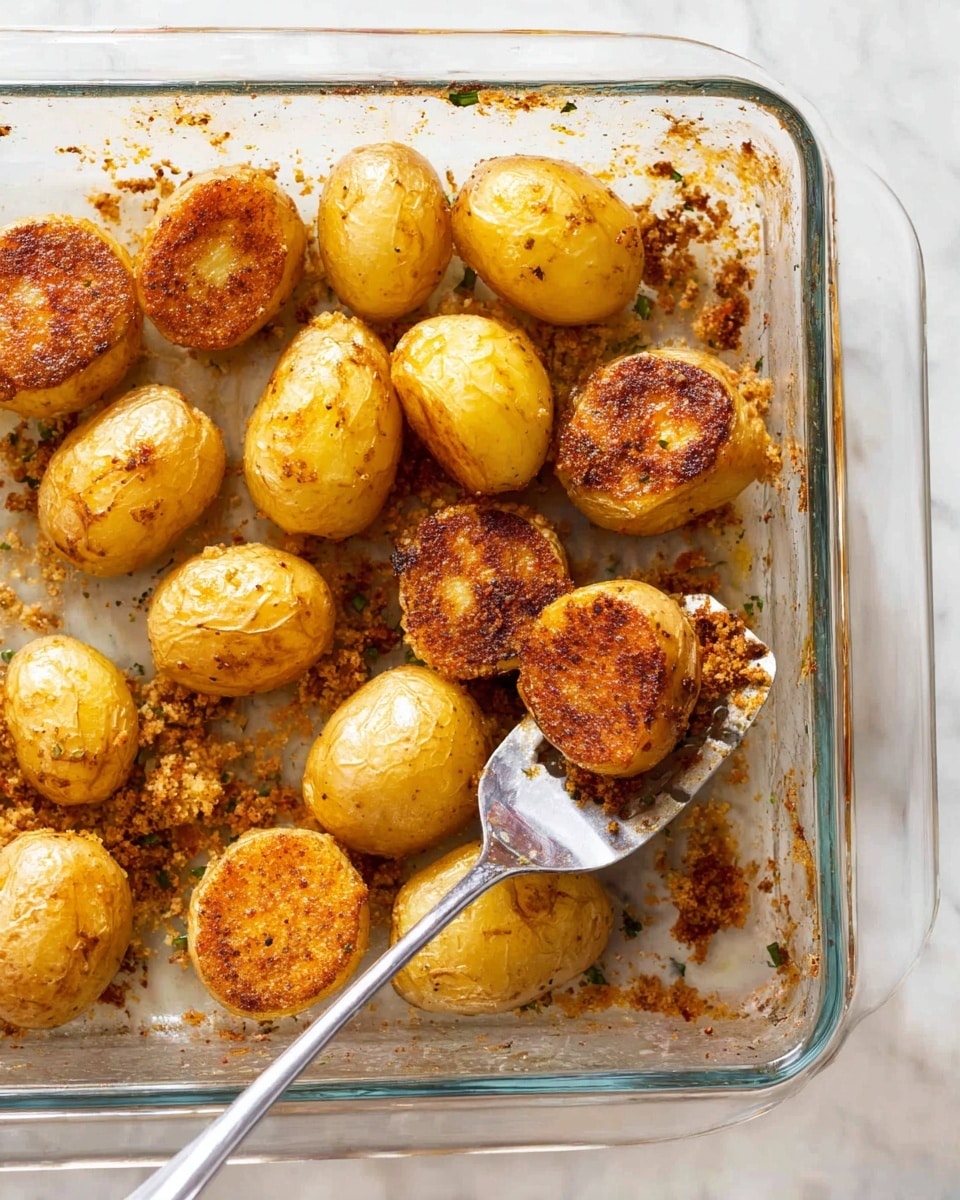 A clear glass baking dish contains several small cooked new potatoes. Most potatoes are whole with a light golden skin, smooth and shiny. A few potatoes are flipped over, showing a crispy, dark golden-brown crust with a coarse texture on the cut side. Some browned bits and seasoning crumbs scatter around the dish. A silver spatula lifts several crispy potato halves, adding height and depth. The dish sits on a white marbled surface. Photo taken with an iphone --ar 4:5 --v 7