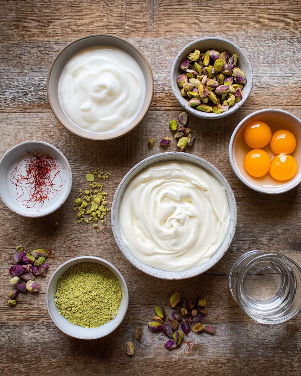 The image shows eight small white bowls arranged on a wooden surface, each holding different ingredients. Starting top left, one bowl contains white cream, below it another bowl holds white milk, and to the right of milk is a bowl of mixed chopped pistachios. Above the pistachios is a bowl filled with thick white yogurt with a swirl pattern on top. To the right top corner is a bowl with three bright orange egg yolks. Next to that is a smaller bowl with ground green pistachio powder. On the left of the pistachio powder is a very small bowl filled with thin saffron threads. Below the pistachio powder, there is a small glass cup with clear water. Some green and purple pistachio pieces and saffron threads are scattered loosely around the bowls on the wooden surface. photo taken with an iphone --ar 4:5 --v 7