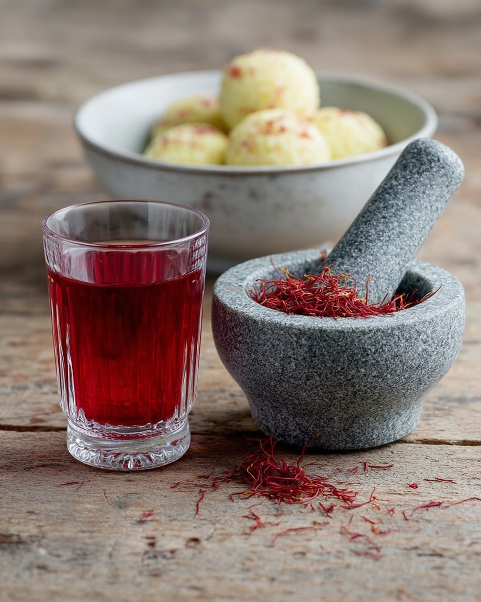 A small clear glass filled halfway with bright red liquid sits on a wooden surface next to a gray stone mortar filled with red saffron threads and a gray stone pestle lying on its side. In the background, a white bowl holds several pale yellow balls sprinkled lightly with red saffron strands. The scene has a natural, simple look with soft light coming from the side. photo taken with an iphone --ar 4:5 --v 7