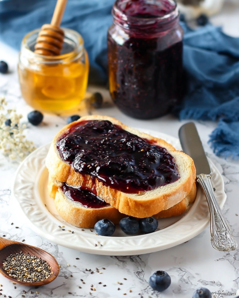 A white plate with two thick slices of light golden bread stacked slightly angled, the top slice covered fully with a thick, shiny dark purple jam, showing a smooth, glossy texture. Around the plate are scattered small dark blueberries and chia seeds, with a wooden spoon holding chia seeds at the bottom left. Behind the plate, there is a clear jar of golden honey with a honey dipper inside and a dark glass jar filled with the same dark purple jam. The background is a soft blue cloth on top of a white marbled surface, with a silver butter knife resting on the edge of the plate. Photo taken with an iphone --ar 4:5 --v 7