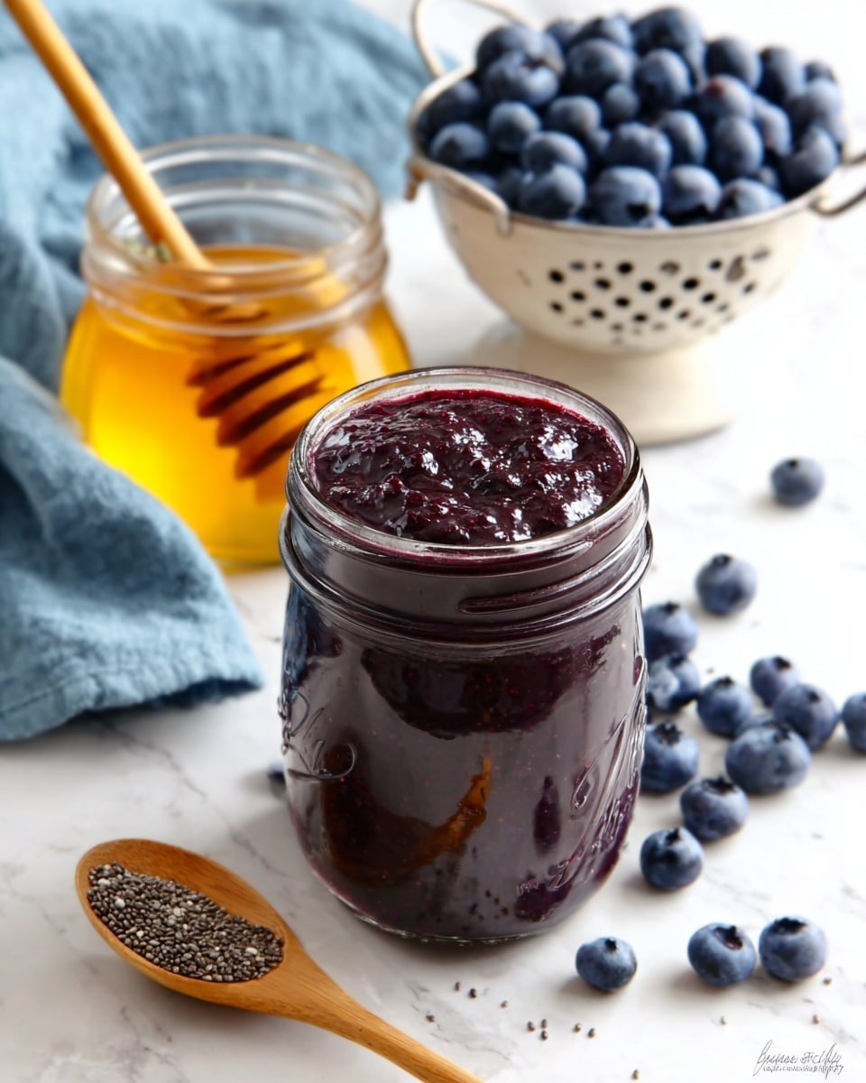 A clear glass mason jar is filled to the top with thick, dark purple blueberry jam that has a shiny and slightly chunky texture, placed on a white marbled surface. Behind the jar to the right, there is a white colander filled with fresh, plump blueberries, some of which spill onto the surface around the jar. To the left, a glass jar of golden honey with a wooden honey dipper inside sits in front of a soft blue cloth. A wooden spoon with small black chia seeds is placed near the jar, with a few seeds scattered on the surface. The overall setting is bright and neat, highlighting the rich colors and textures of the jam and fresh blueberries. photo taken with an iphone --ar 4:5 --v 7