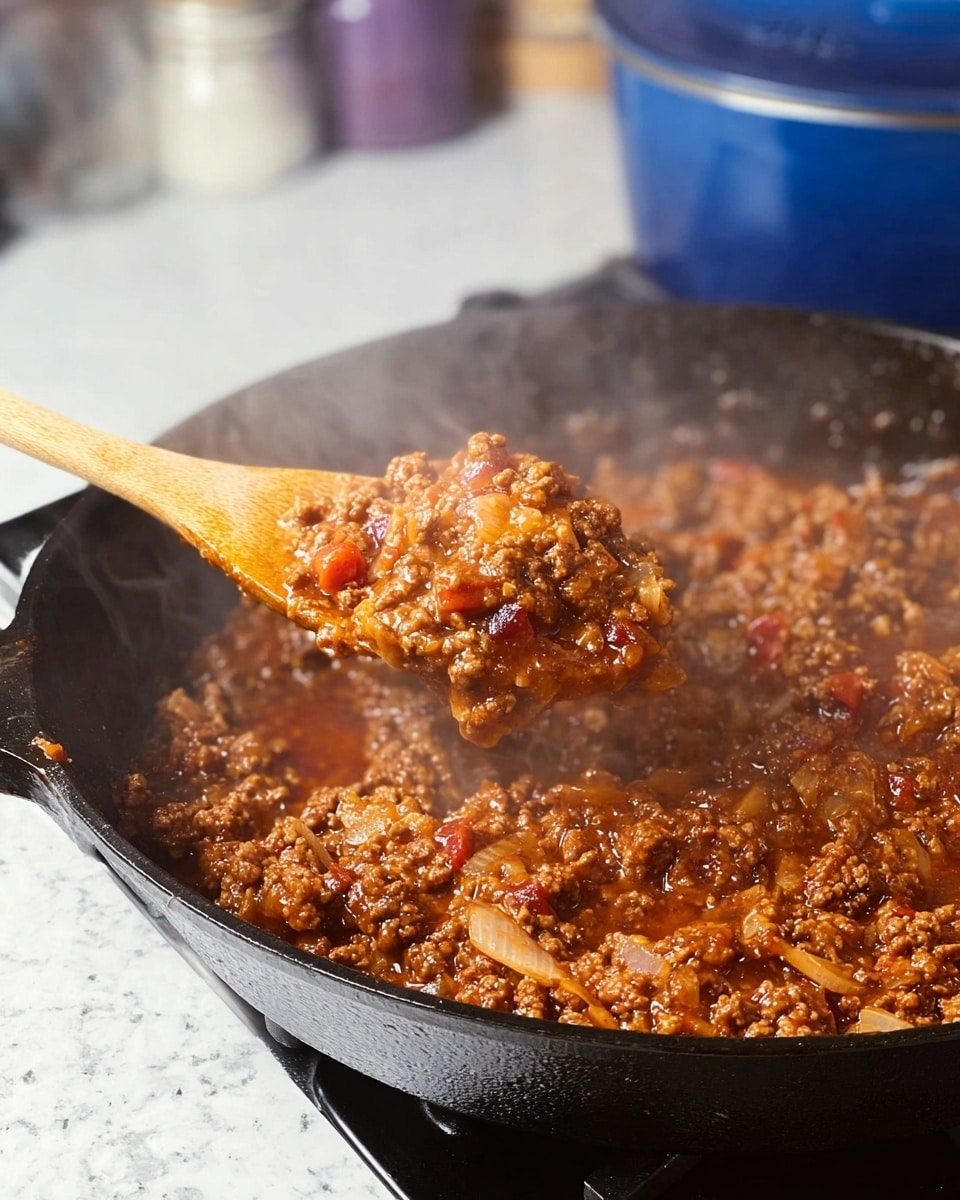 A frying pan with cooked ground meat mixed with small pieces of cooked onions and red peppers, all brown and slightly shiny with cooking oil or sauce, sits on a stove with steam rising. A wooden spoon lies inside the pan. Above the pan, a white bowl pours a white powdery substance into the meat mixture, creating a falling cascade of white particles. The background has a white tiled wall and the surface near the stove is black but the image overall is set against a white marbled texture. photo taken with an iphone --ar 4:5 --v 7