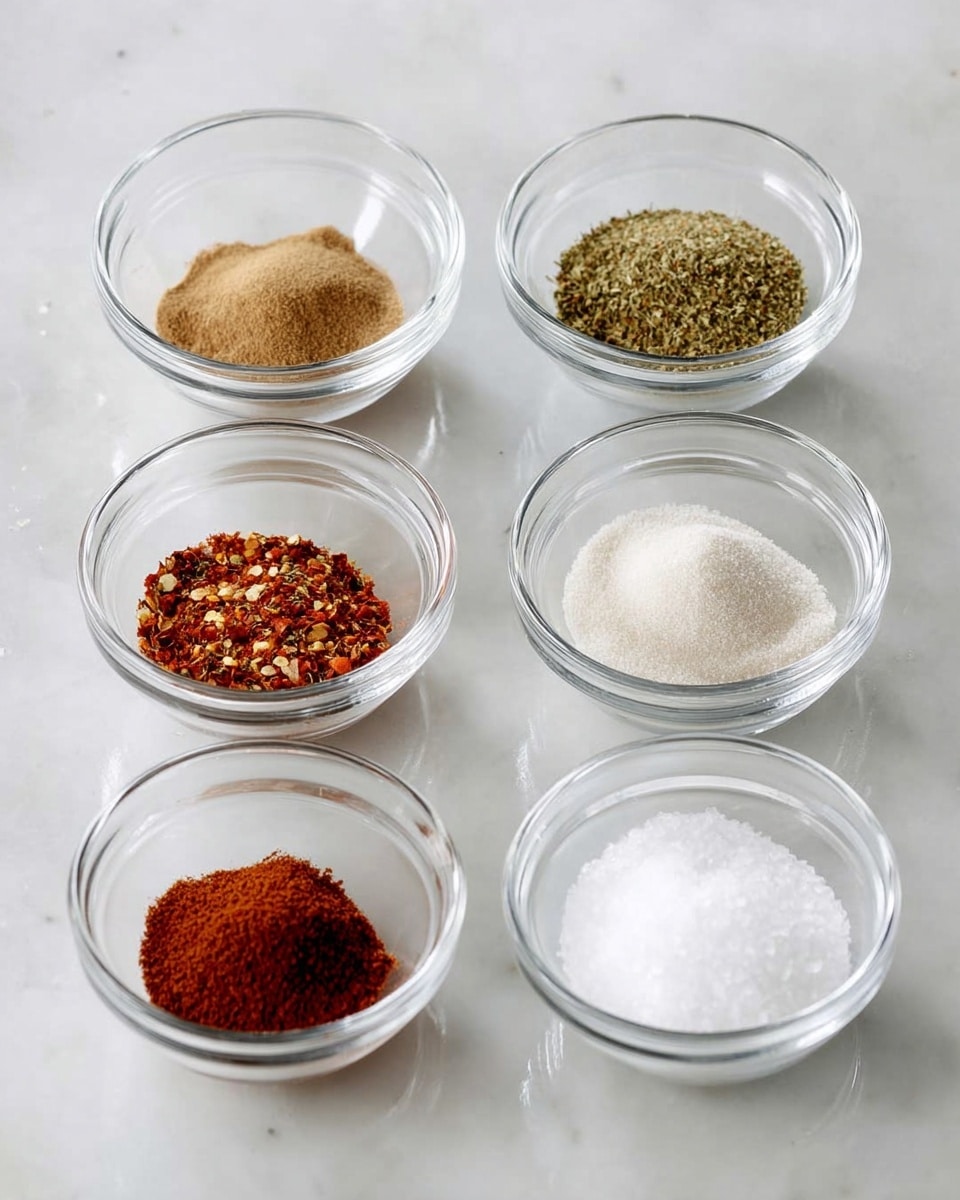 Seven small clear glass bowls are arranged on a white marbled surface in two rows, with four bowls in the back row and three in the front. Each bowl holds a different spice or seasoning with distinct colors and textures: the back row from left to right has a light brown powder, a green dried herb mixture, and red chili flakes. The front row from left to right shows a dark reddish-brown chili powder, two bowls with fine white powders of slightly different shades, and a white salt-like substance. The spices contrast clearly against the clear bowls and white marbled background. photo taken with an iphone --ar 4:5 --v 7