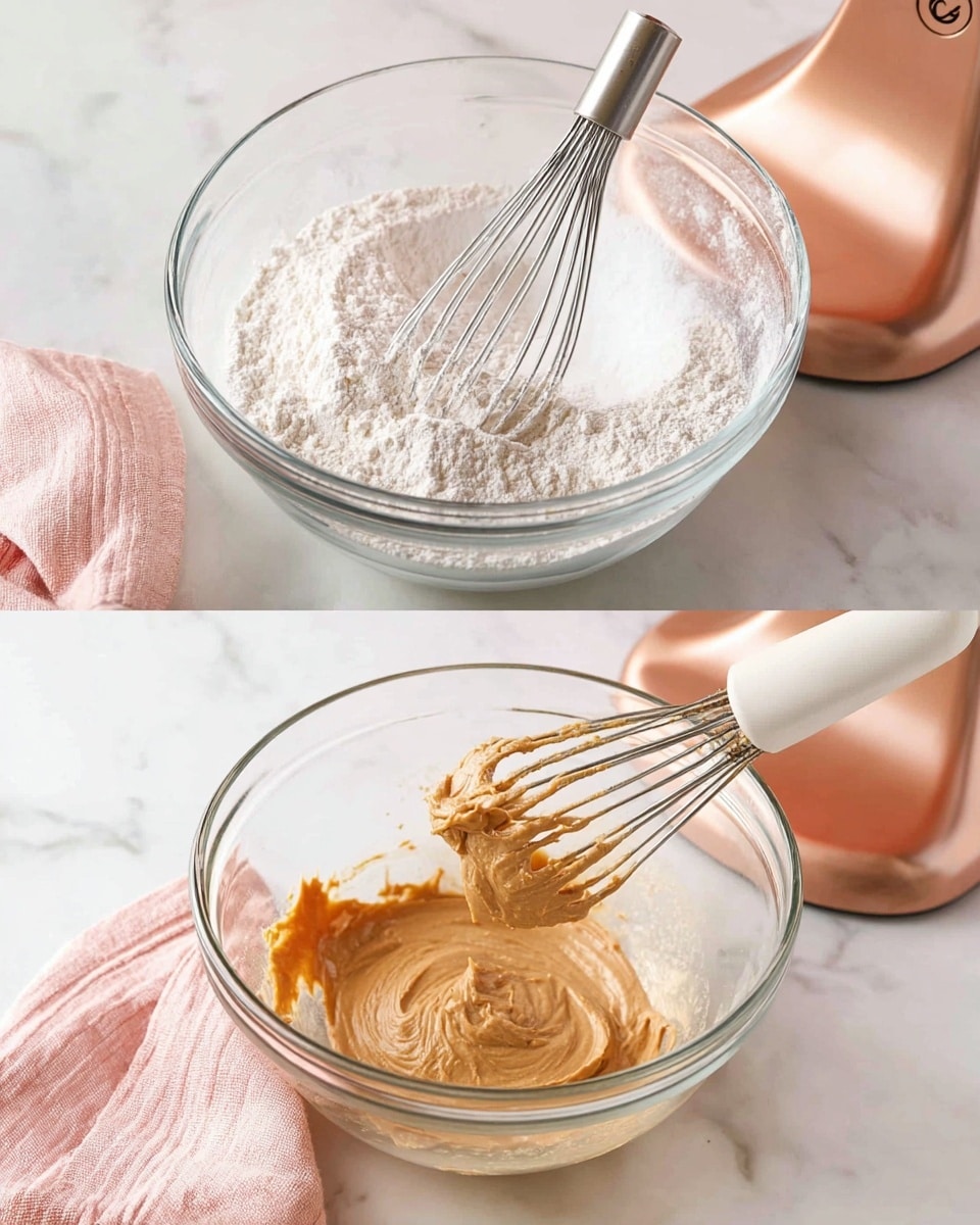The first image shows a clear glass bowl with a white powdery mixture inside, being whisked with a silver metal whisk. The bowl is placed on a white marbled surface, and a pale pink cloth is seen in the background. The second image features a clear glass bowl attached to a mixer with a copper base, containing a thick beige mixture. A white beater covered with some of the mixture is lifted above the bowl, and there is a dollop of smooth light brown peanut butter being added on top. The scene is also set on a white marbled surface. photo taken with an iphone --ar 4:5 --v 7