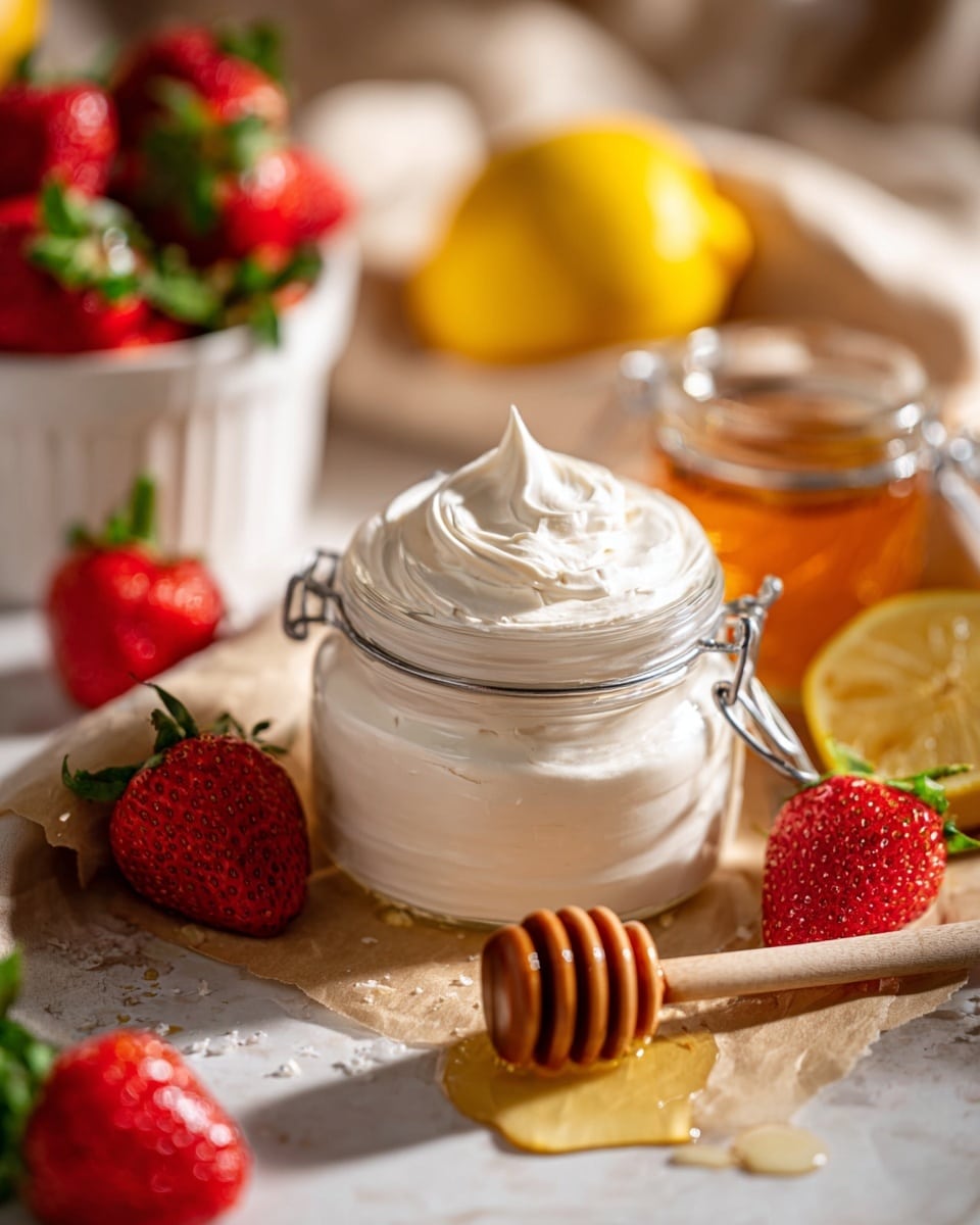 A glass jar filled with a smooth, white cream with swirled peaks at the top sits on a piece of parchment on a white marbled surface. Around the jar, bright red strawberries with green leaves add vibrant color, some in a white container blurred in the background and others scattered. Behind the jar, a blurred yellow lemon half peeks through. Nearby, a small clear jar of golden honey with a wooden honey dipper rests, with honey droplets on the parchment. The lighting is warm and natural, highlighting the fresh and creamy textures. Photo taken with an iphone --ar 4:5 --v 7