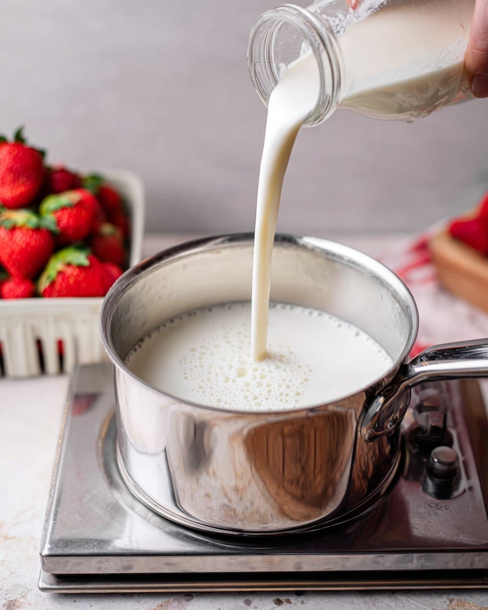 A clear glass bottle is pouring smooth white milk into a shiny silver pot filled halfway with milk that shows small bubbles on the surface; the scene sits on a metal stove with a stainless steel body, placed on a white marbled surface. Nearby, there is a white rectangular container filled with whole bright red strawberries with green leaves, adding vibrant color in the background. A woman's hand is holding the glass bottle at the top right corner, directing the milk stream into the pot. Photo taken with an iphone --ar 4:5 --v 7