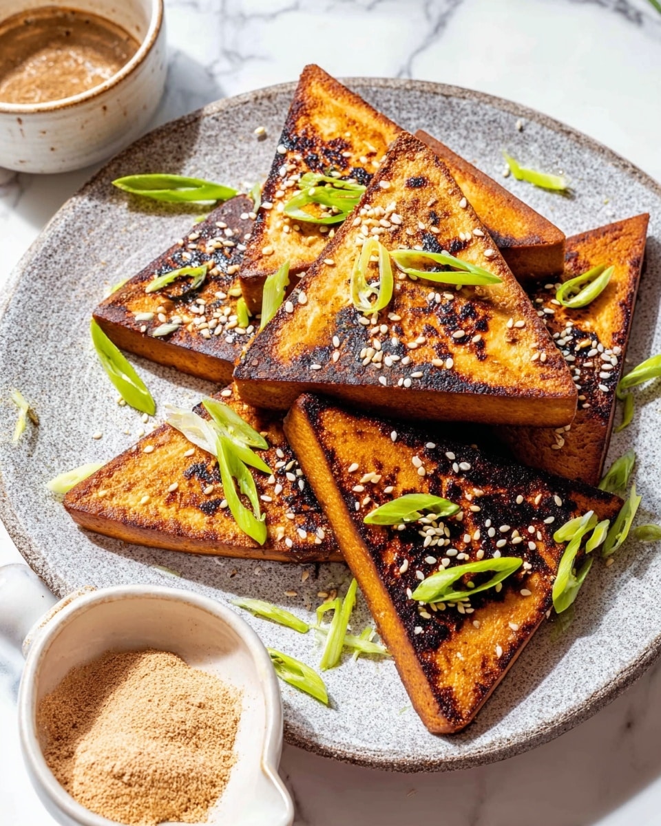 There are seven triangular slices of crispy browned tofu stacked in two overlapping layers on a rectangular white plate with a rough, speckled texture. The tofu slices have a dark golden color with burnt edges and are sprinkled with black and white sesame seeds. Thinly sliced green onions with bright green and white parts are scattered on and around the tofu. On the lower right corner of the plate, there is a small white cup holding a brown powdered spice. The plate sits on a white marbled surface with some green onions beside it and a pair of chopsticks with a light brown wood pattern on the right edge. Photo taken with an iphone --ar 4:5 --v 7