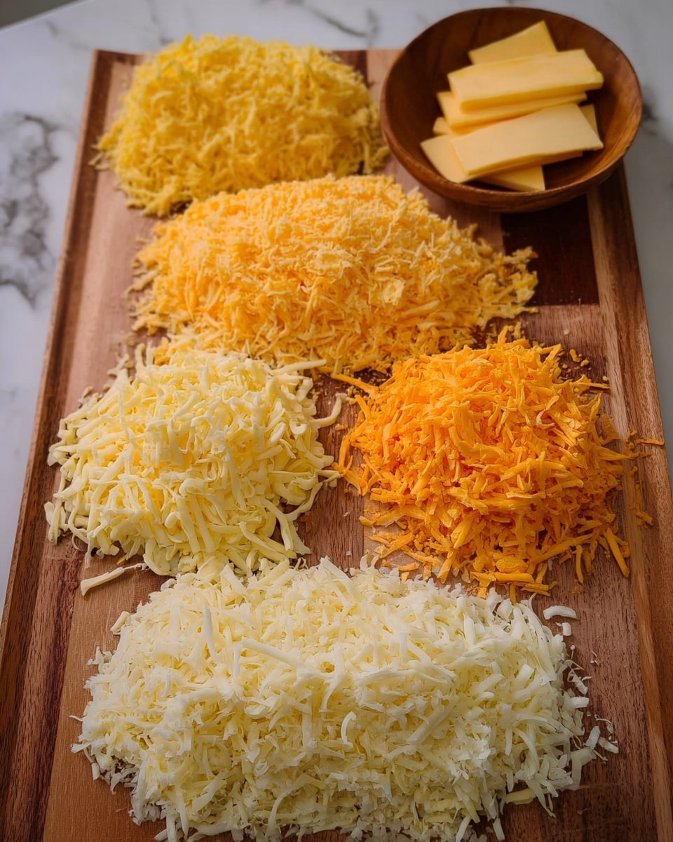 The image shows five piles of shredded cheese placed on a wooden board, arranged in two rows with three piles at the back and two at the front. The top row has three piles displaying different shades of yellow and orange, with the rightmost pile next to a small wooden bowl holding slices of yellow and orange cheese. The bottom row has two piles of shredded cheese in pale yellow and white colors. The textures vary from fine to slightly rough shreds. The background is a white marbled texture. photo taken with an iphone --ar 4:5 --v 7
