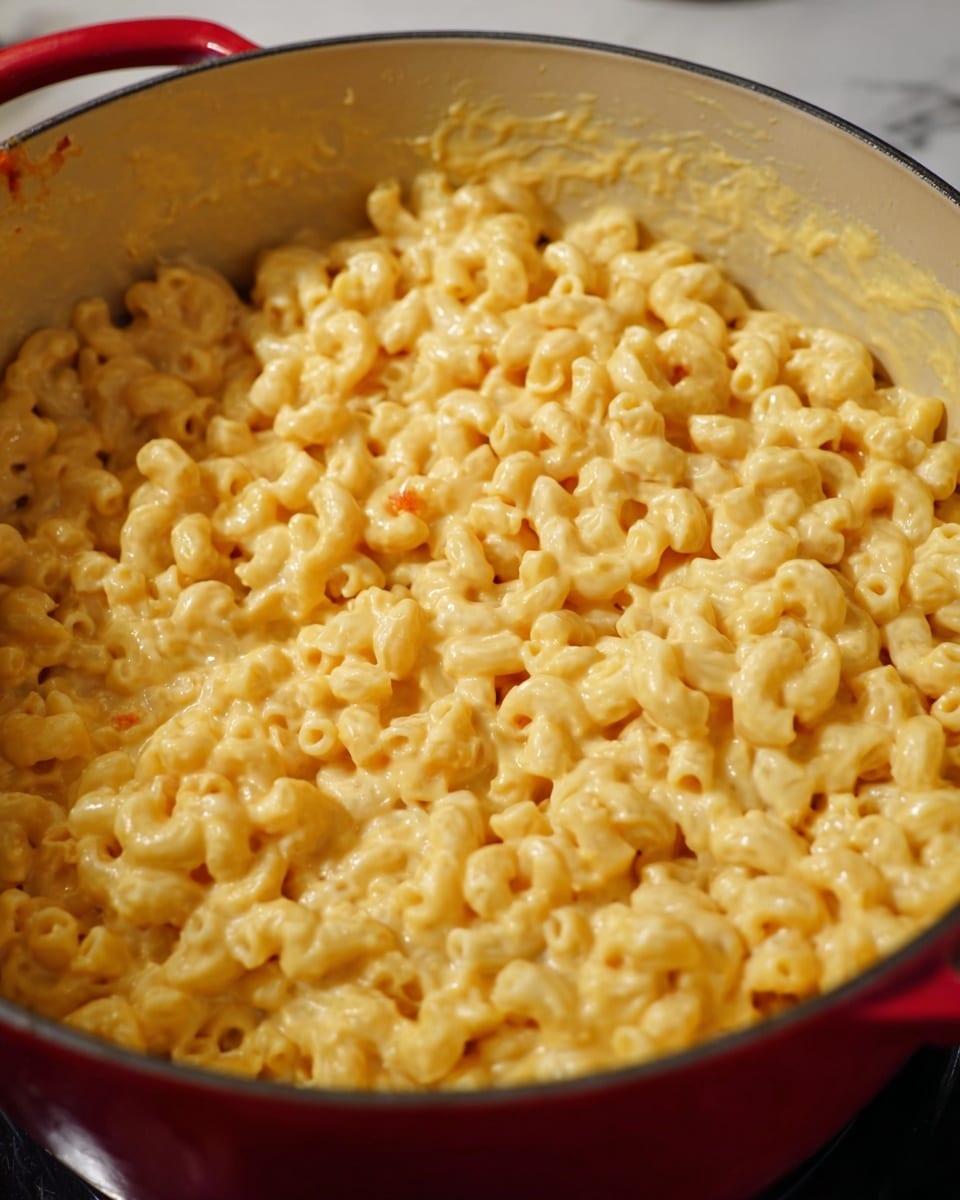 A close-up view of a large red pot filled with creamy macaroni and cheese, showing a thick layer of elbow-shaped pasta coated in smooth, light yellow cheese sauce with some small melted cheese strands visible throughout. The macaroni is densely packed to the top of the pot, creating a textured surface of cheesy pasta curls. The pot sits on a white marbled surface with a blurred background. photo taken with an iphone --ar 4:5 --v 7
