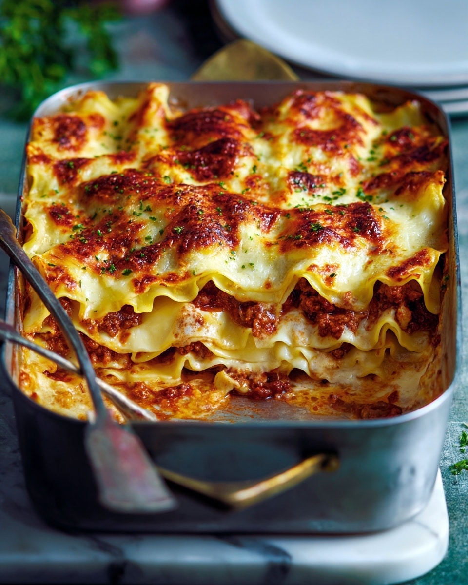 A metal baking dish filled with layered lasagna shows several layers of soft, wide pasta sheets in pale yellow, with sauce layers of rich red tomato and browned beef meat. On top is a thick layer of melted cheese with brown spots and a bubbly texture. The dish rests on a white marbled surface with some green herbs nearby, and a woman's hand is about to serve a piece. Photo taken with an iphone --ar 4:5 --v 7