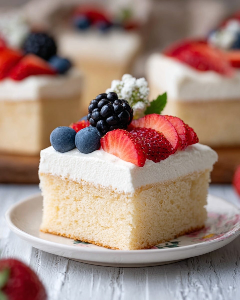 A square piece of cake with two visible layers sits on a white plate with a small floral design at the edge, placed on a white marbled surface. The bottom layer is thick, soft cake with a light tan color and a fluffy texture, while the top layer is a thick spread of smooth white cream. The cake is topped with fresh berries arranged neatly: sliced red strawberries, whole blue blueberries, and a black blackberry on top, showing bright and rich colors and a fresh texture. In the blurred background, other similar pieces of cake can be seen, and the overall look is fresh and inviting. Photo taken with an iphone --ar 4:5 --v 7