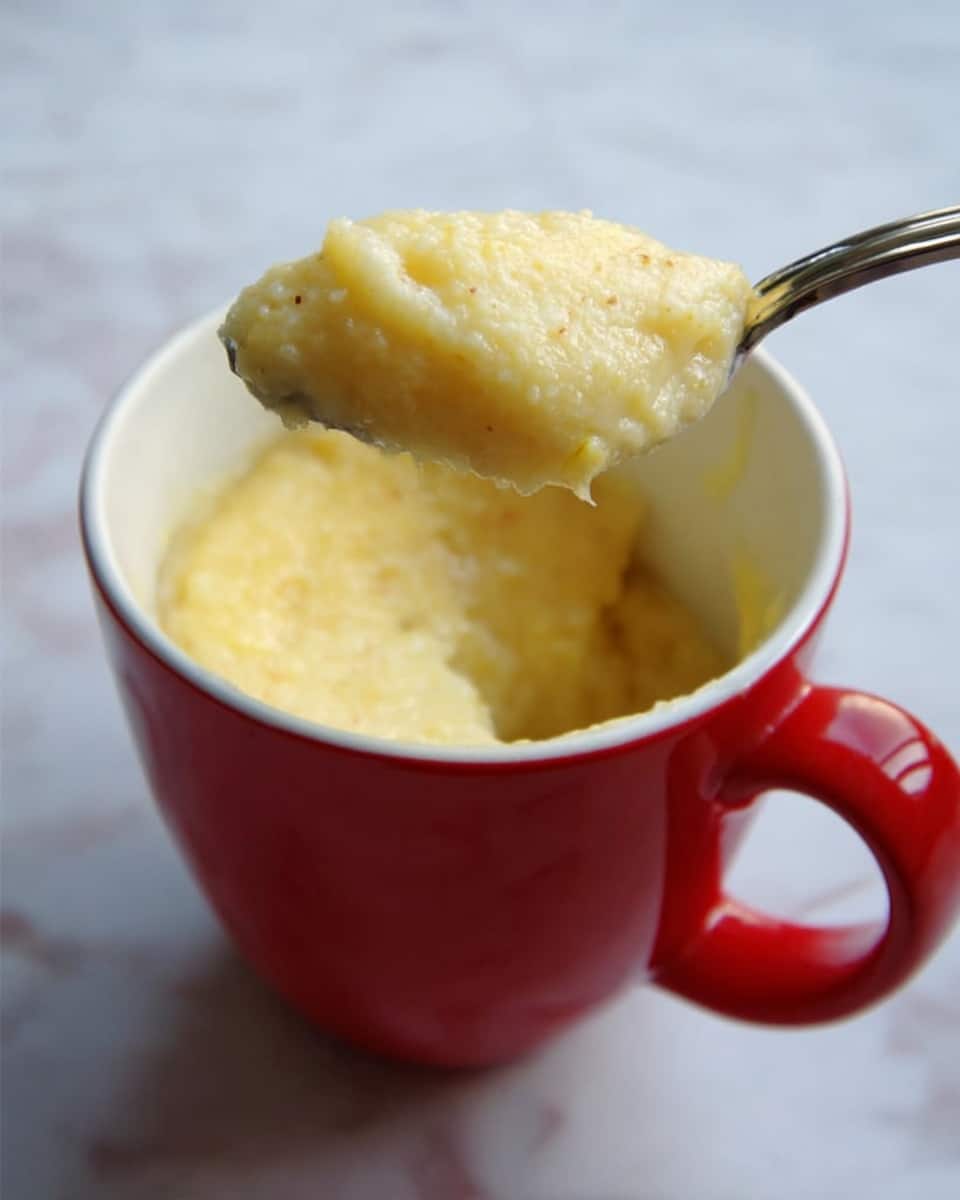 A close-up of a red cup with a white inside, filled loosely with a thick light yellow porridge. A silver spoon holds some porridge above the cup, showing its grainy texture and soft layers with small lumps. The background is a white marbled surface, softly blurred, emphasizing the rich creamy porridge in the cup. photo taken with an iphone --ar 4:5 --v 7