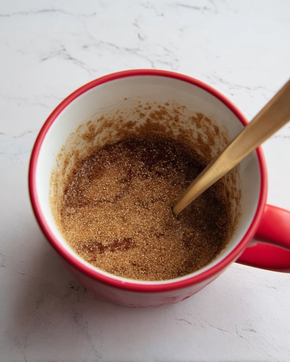 The image shows a red mug with a white inside, filled about halfway with a mix that includes a layer of brown sugar or cinnamon on top. The mixture has a rough, grainy texture and is topped with fine granules that cover the surface. A light wooden stick is partially dipped into the mug, slightly stirring the mixture. The mug is placed on a white marbled surface with subtle gray veins, adding a clean and soft background. photo taken with an iphone --ar 4:5 --v 7