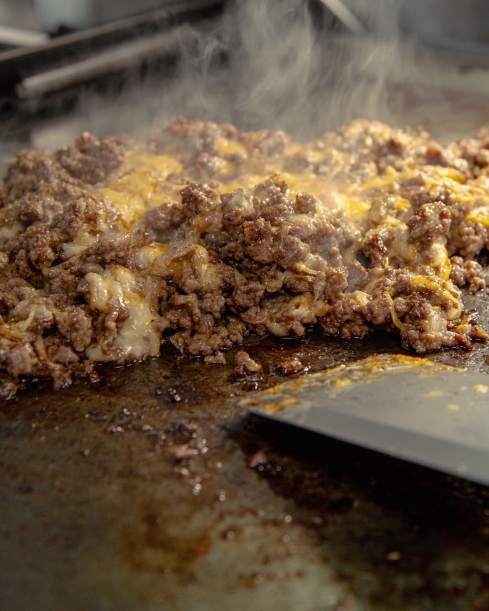 A close-up view of cooked ground beef mixed with melted cheese on a large flat metal cooking surface. The beef is in an uneven layer, showing a combination of browned, slightly crispy bits and soft, juicy pieces, with the cheese melted throughout and blending into the meat. Steam rises gently from the hot cooking surface, which has patches of grease and browned residue around the edges. In the foreground, there is a metal spatula with a smooth surface, held over the cooking beef but not fully in focus. The overall color palette is warm brown and yellowish from the melted cheese, with a shiny, oily texture on the cooking surface. photo taken with an iphone --ar 4:5 --v 7