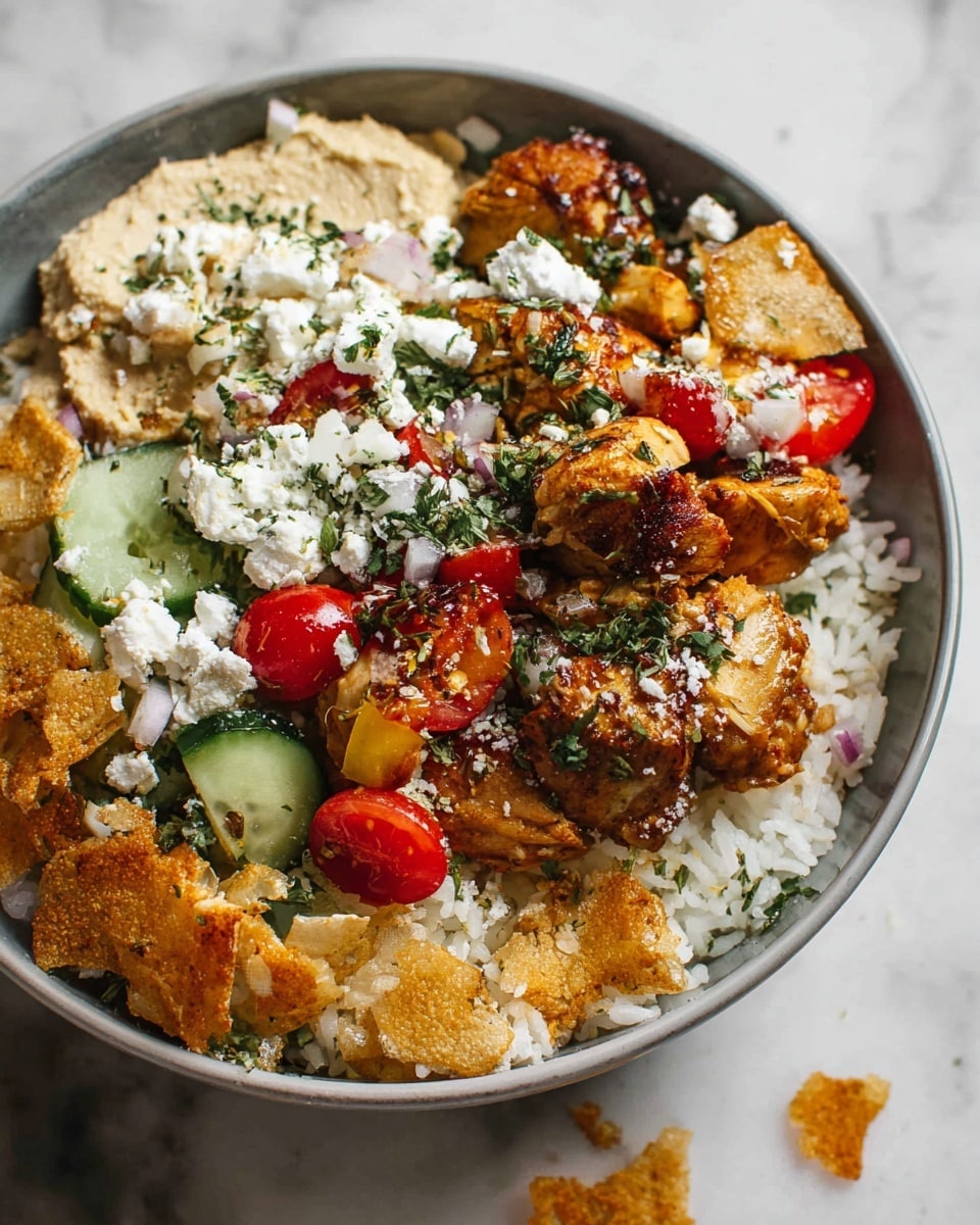 A bowl filled with a base layer of white rice topped with pieces of golden-brown cooked chicken, scattered chunks of white cheese, and small red cherry tomato halves. There are also small green cucumber pieces and a dollop of light tan hummus sitting near the center. The dish is sprinkled with finely chopped green herbs and some crispy golden-brown chips or crackers are spread around the bowl. The bowl sits on a surface with white marbled texture. photo taken with an iphone --ar 4:5 --v 7
