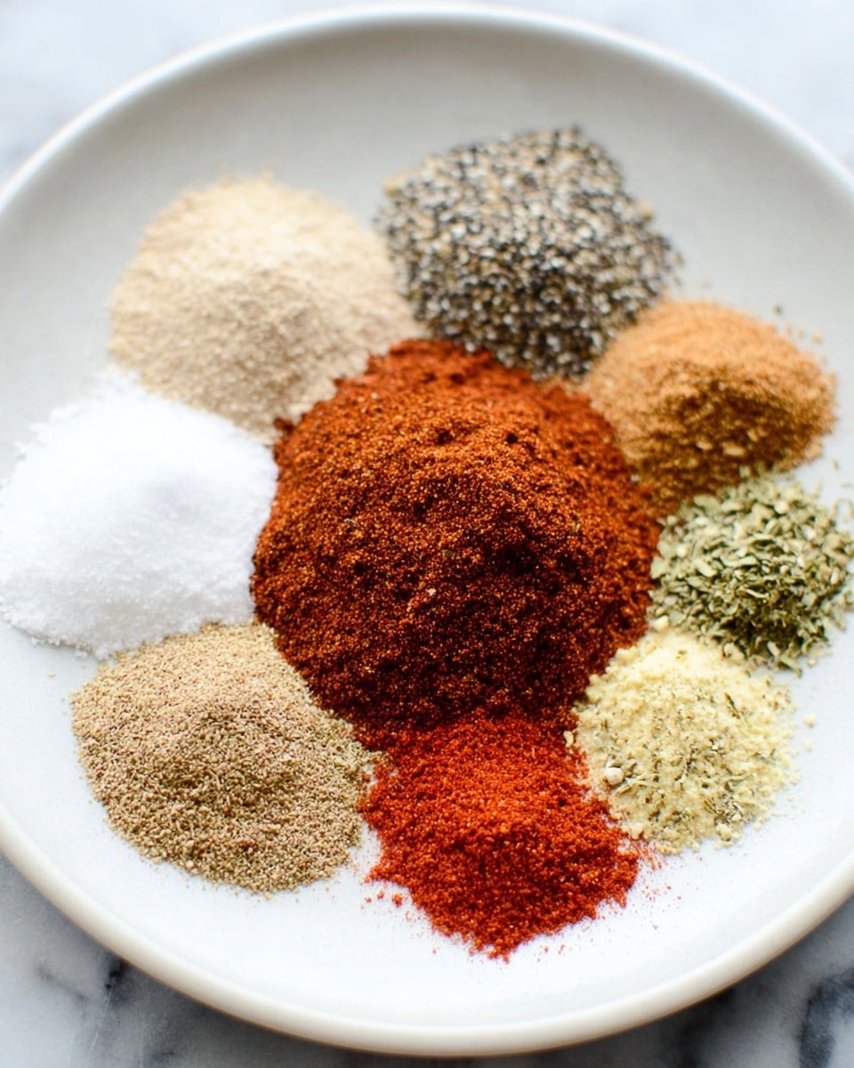A white plate on a white marbled surface holds eight different spices arranged in small piles. In the center, there is a large mound of reddish-brown spice. Surrounding it in a roughly circular pattern are seven smaller piles: a light beige powder, a speckled black and white mix, white salt, light brown powder, bright red powder, green dried herbs, and pale yellow powder. The colors and textures vary from fine powders to small flakes, and everything is evenly spaced. photo taken with an iphone --ar 4:5 --v 7