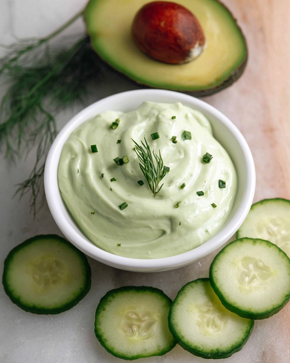 A white bowl filled with light green creamy sauce swirled smoothly inside, garnished with small chopped green herbs and a sprig of dill on top. Around the bowl are a few slices of fresh cucumber, showing green skin and light green inside. In the background, a halved avocado with a brown seed and green-yellow flesh rests on a white marbled surface. Photo taken with an iphone --ar 4:5 --v 7
