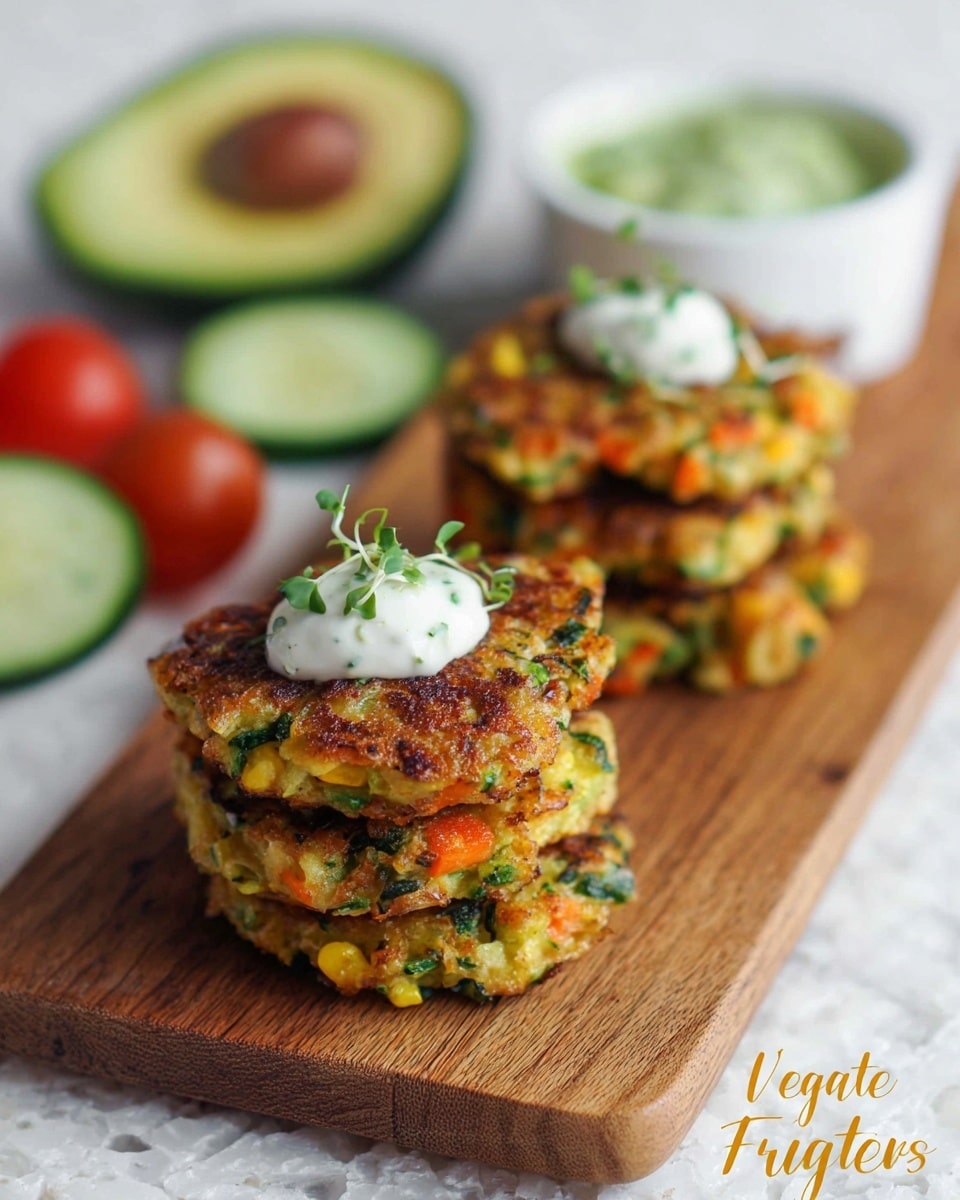 Two stacks of veggie fritters sit on a wooden board. Each stack has about four golden-brown fritters with visible bits of green and orange vegetables inside, topped with a small dollop of white cream and tiny green herbs. In the background, there are sliced cucumber, half an avocado with the brown seed, and some small red tomatoes. A white bowl with green sauce is slightly out of focus behind the stacks. The white marbled texture surface is underneath the board. Photo taken with an iphone --ar 4:5 --v 7