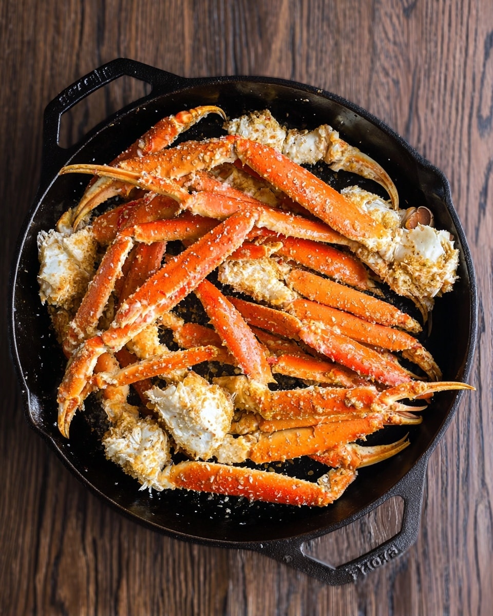 A black cast iron pan is filled with bright orange crab legs covered with a light dusting of golden seasoning. The crab legs are layered in a loose pile, showing white crab meat peeking through the shells in places. The pan rests on a dark wooden surface, but the background is changed to a white marbled texture. The crab legs' shells have a rough, slightly spiky texture with the seasoning giving a contrast of colors. Photo taken with an iphone --ar 4:5 --v 7
