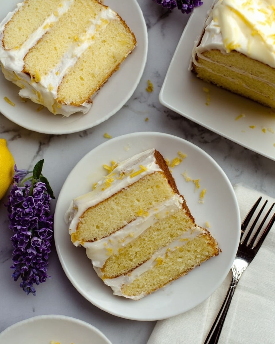 The image shows two slices of lemon cake on white plates placed on a white marbled surface. Each cake slice has three layers of light yellow cake separated by creamy white frosting layers. The top of the cake has a thick layer of white frosting with a drizzle of pale yellow lemon glaze and small bits of lemon zest scattered on it. One plate is partially cropped at the left edge of the image and has a sprig of purple flowers beside the cake slice. A white rectangular cake dish is visible at the top right with more of the same cake. A silver fork lies on a folded white napkin to the right of the central plate. Photo taken with an iphone --ar 4:5 --v 7