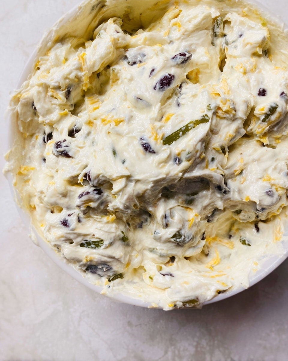 The image shows a close-up of a creamy mixture with two visible layers: a thick white creamy base mixed with small yellow shredded pieces and scattered chunks of green and dark purple bits throughout. The texture appears soft and slightly chunky, with the green pieces having a smooth, slightly shiny surface and the dark purple bits providing a contrast in color. The whole mixture fills a white bowl set against a white marbled background. photo taken with an iphone --ar 4:5 --v 7