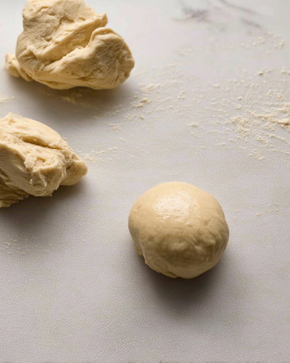 The image shows pieces of pale beige dough placed on a white marbled textured surface. One piece of dough on the right is shaped into a smooth, round ball with a slightly shiny surface. On the left, there are three rougher chunks of dough, each irregular in shape and texture, with some folds and creases visible. The background is simple and clean, highlighting the dough pieces with soft, natural lighting. Photo taken with an iphone --ar 4:5 --v 7