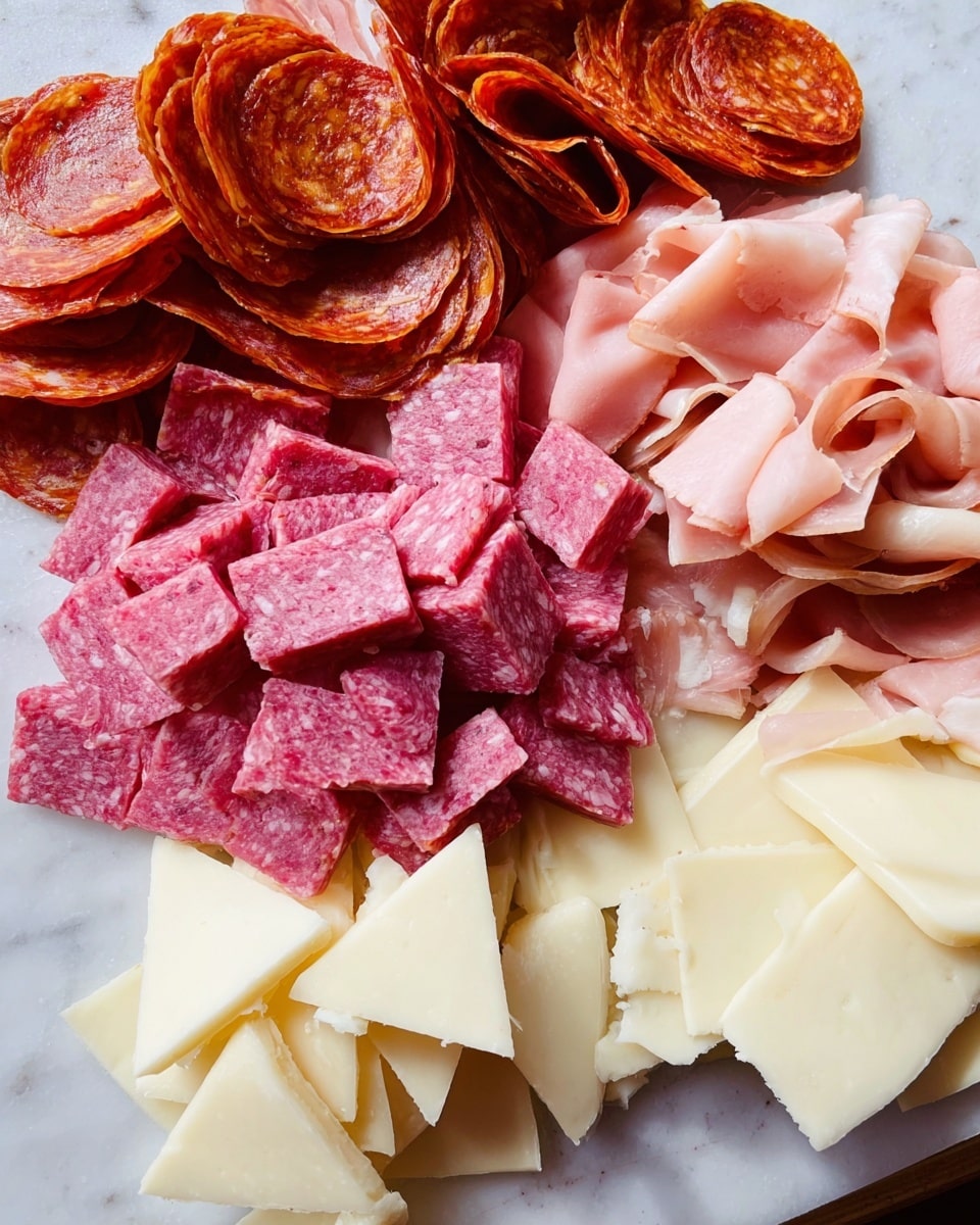 The image shows four types of sliced deli meats and cheeses in separate piles on a white marbled surface. On the top left, there are folds and layers of thin, reddish-brown pepperoni slices with a slightly shiny texture. Below the pepperoni, there is a pile of small, square slices of bright pink salami with a slightly rough texture. To the right of the salami, there are larger pieces of light pink ham stacked in layers, some pieces folded. On the top right, there are smooth, white, triangular slices of cheese layered flatly. The arrangement is close up and well-lit, showing details of the meat and cheese textures and colors. photo taken with an iphone --ar 4:5 --v 7